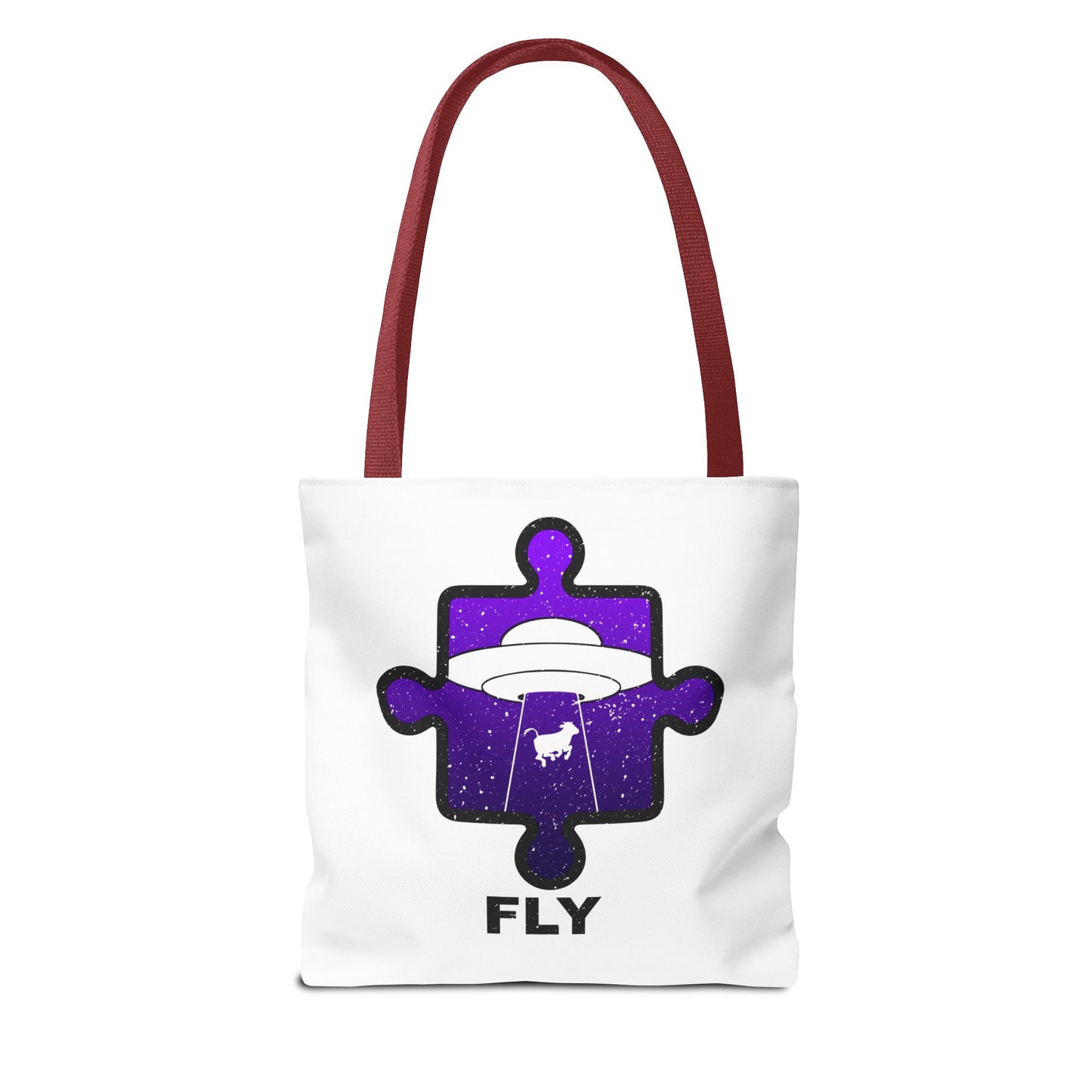 Distressed Tote Bag – Alien Puzzle Piece & Cow Abduction Design with ‘Fly’ Theme