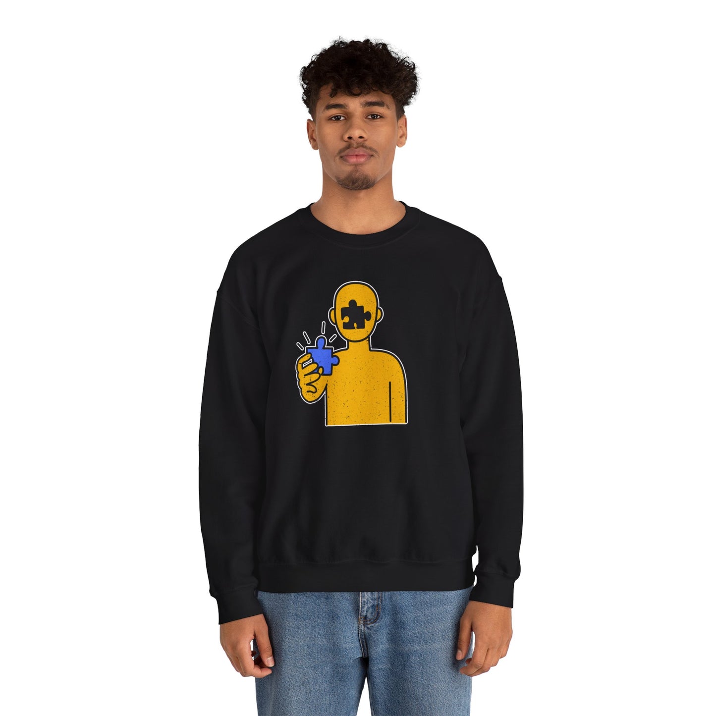 Distressed Crewneck Sweatshirt – Thoughtful Puzzle Piece Design with Human Theme