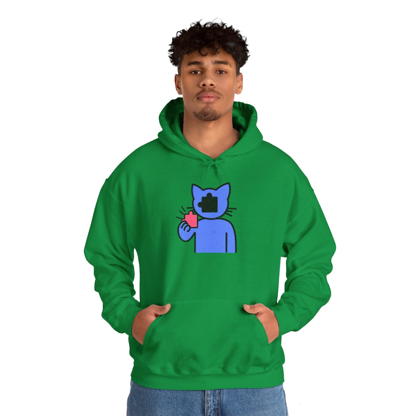 Cat Puzzle Piece Hoodie – Distressed Graphic Pullover – Cozy Unisex Hooded Sweatshirt for Puzzle Lovers