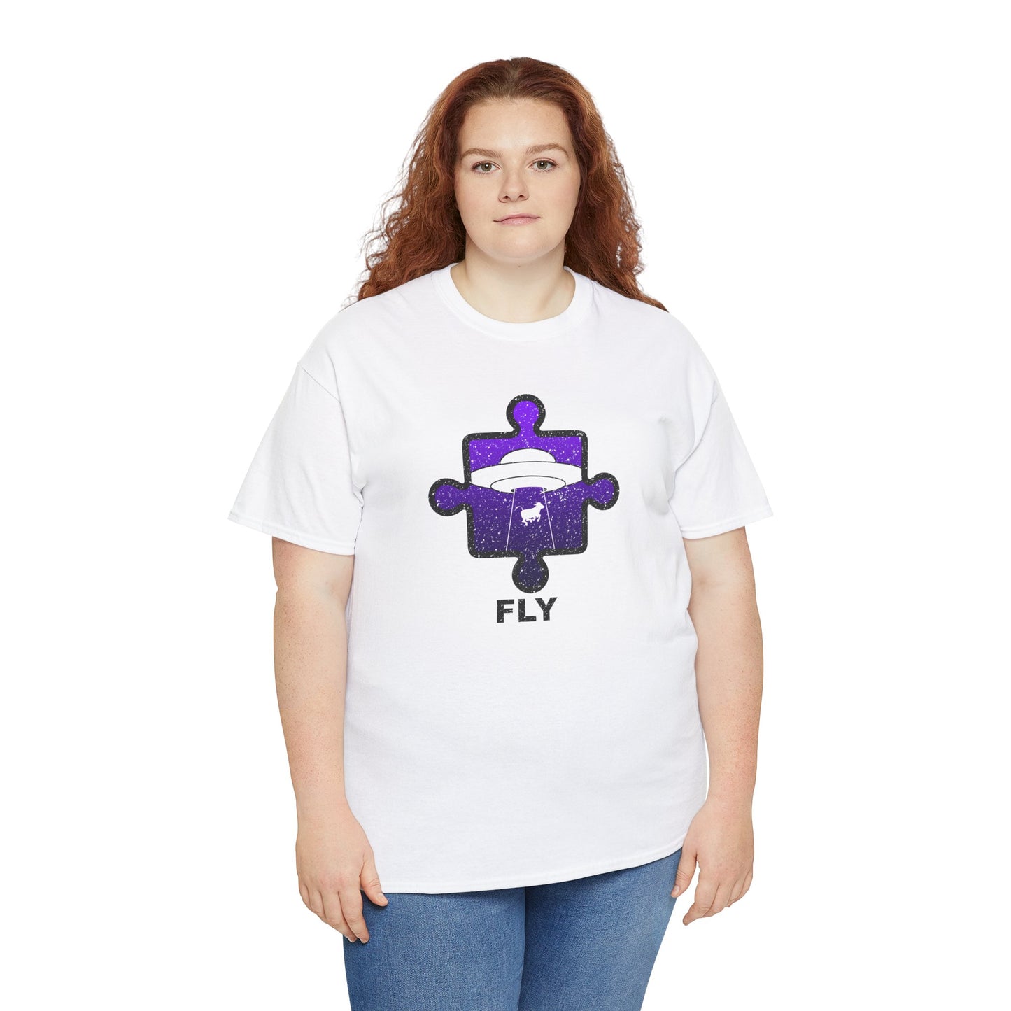 UFO Cow Abduction T-Shirt – ‘Fly’ Puzzle Piece Graphic Tee – Unisex Heavy Cotton Shirt Distressed Design