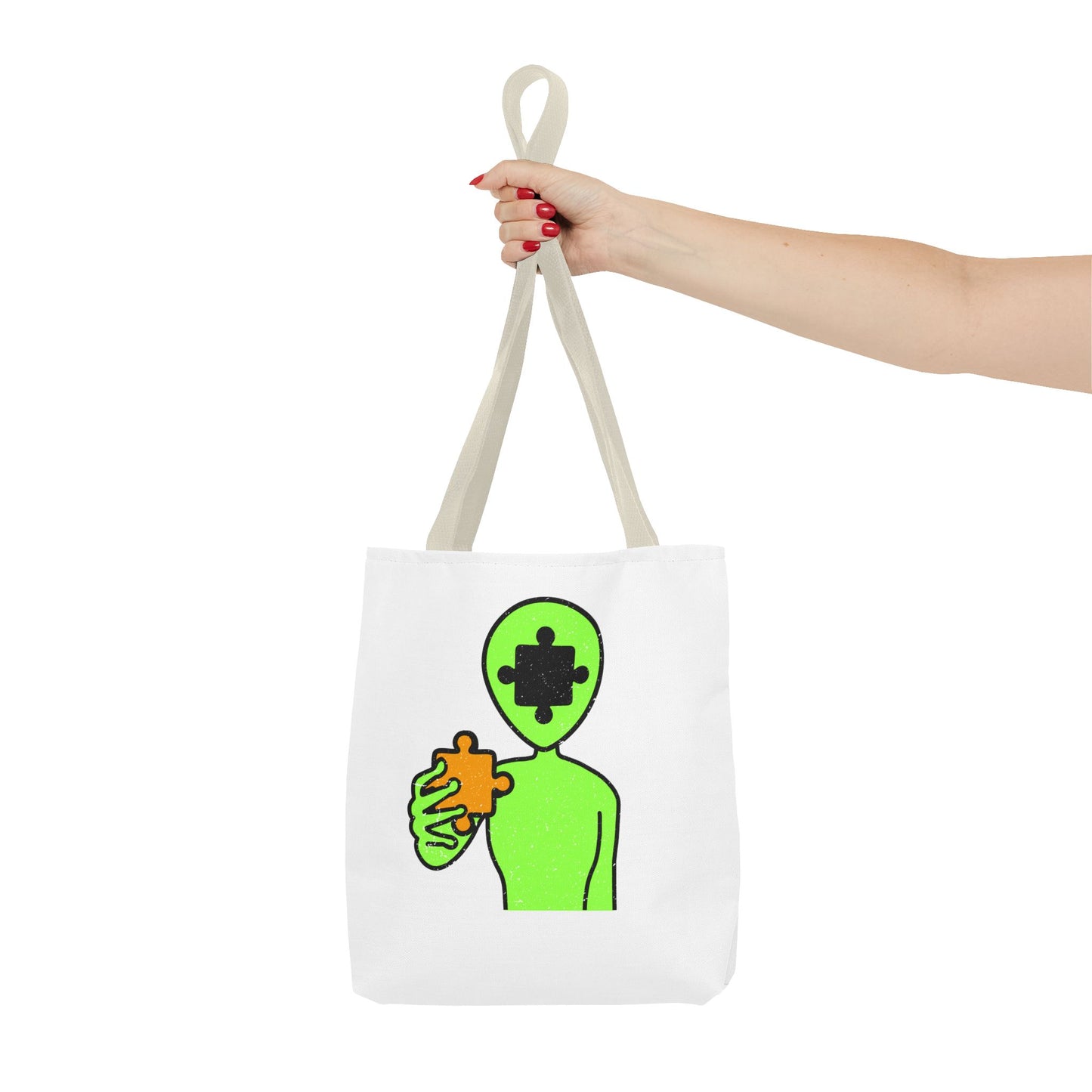 Distressed Tote Bag – Alien Puzzle Piece & Cow Abduction Design with ‘Fly’ Theme