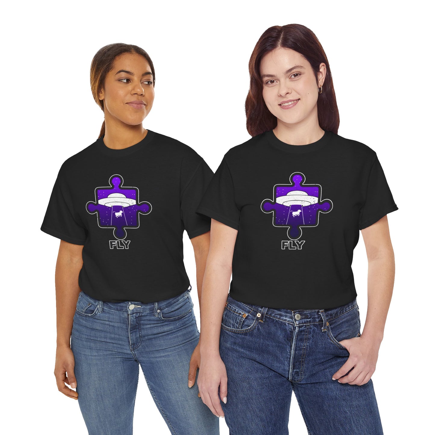 UFO Cow Abduction T-Shirt – ‘Fly’ Puzzle Piece Graphic Tee – Unisex Heavy Cotton Shirt Distressed Design