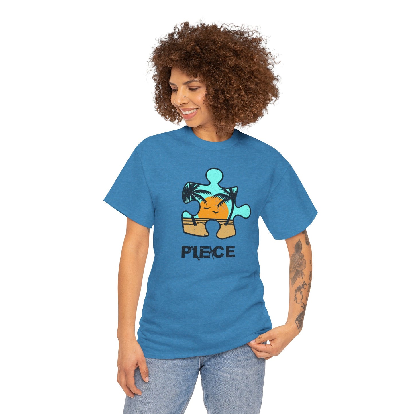 Peace Puzzle Piece T-Shirt – Distressed Beach Graphic Tee – Unisex Heavy Cotton Shirt for Tranquil Vibes