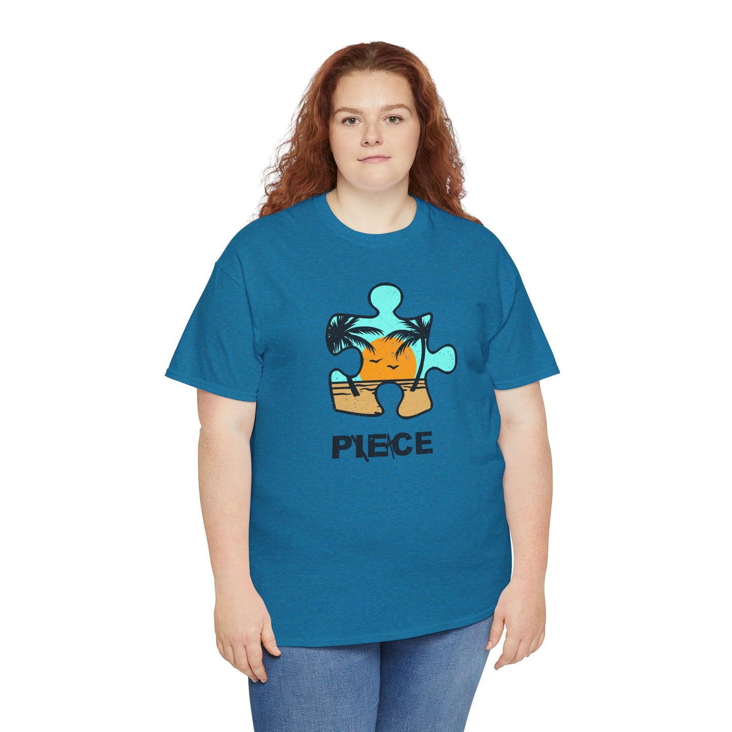 Peace Puzzle Piece T-Shirt – Distressed Beach Graphic Tee – Unisex Heavy Cotton Shirt for Tranquil Vibes