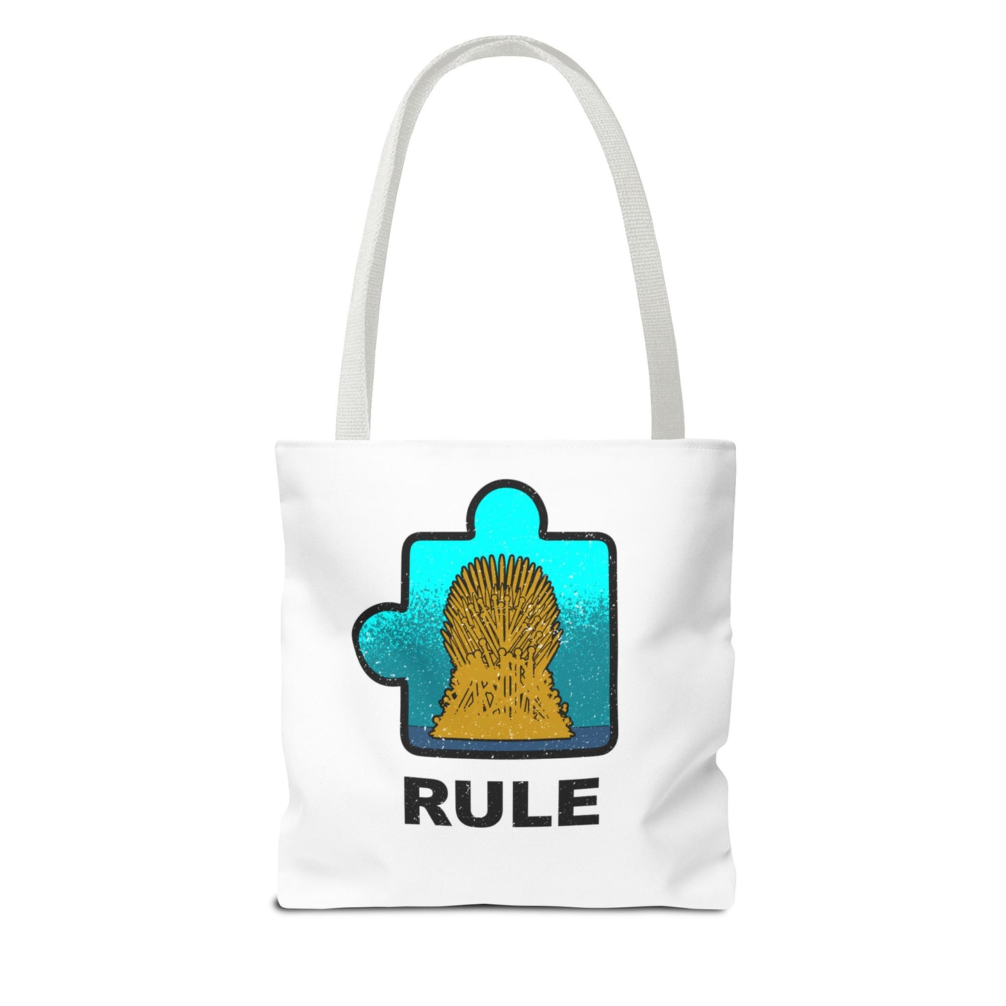 Distressed Tote Bag – Cat Puzzle Piece & Throne Design with ‘Rule’ Theme