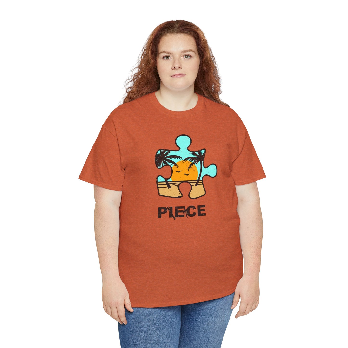 Peace Puzzle Piece T-Shirt – Distressed Beach Graphic Tee – Unisex Heavy Cotton Shirt for Tranquil Vibes