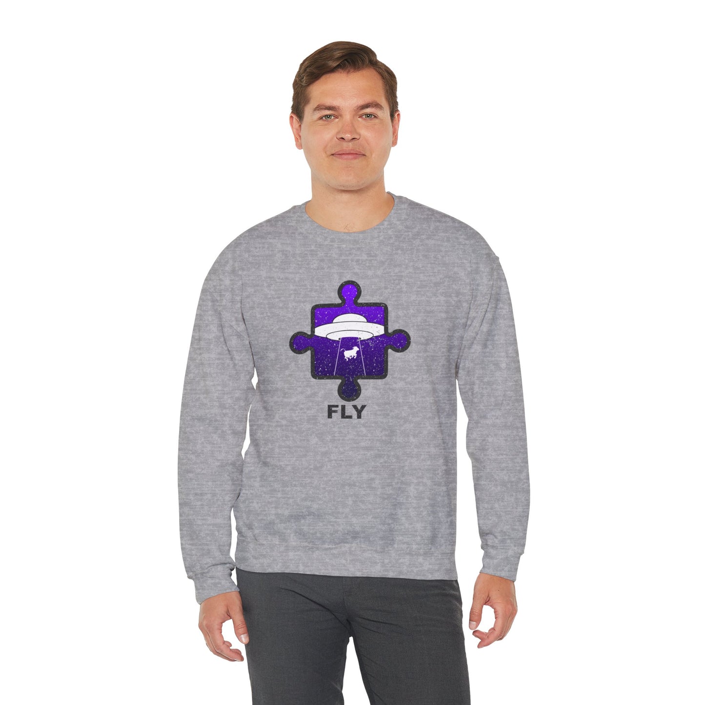 Distressed Crewneck Sweatshirt – Cow & UFO Puzzle Piece with ‘Fly’ Theme