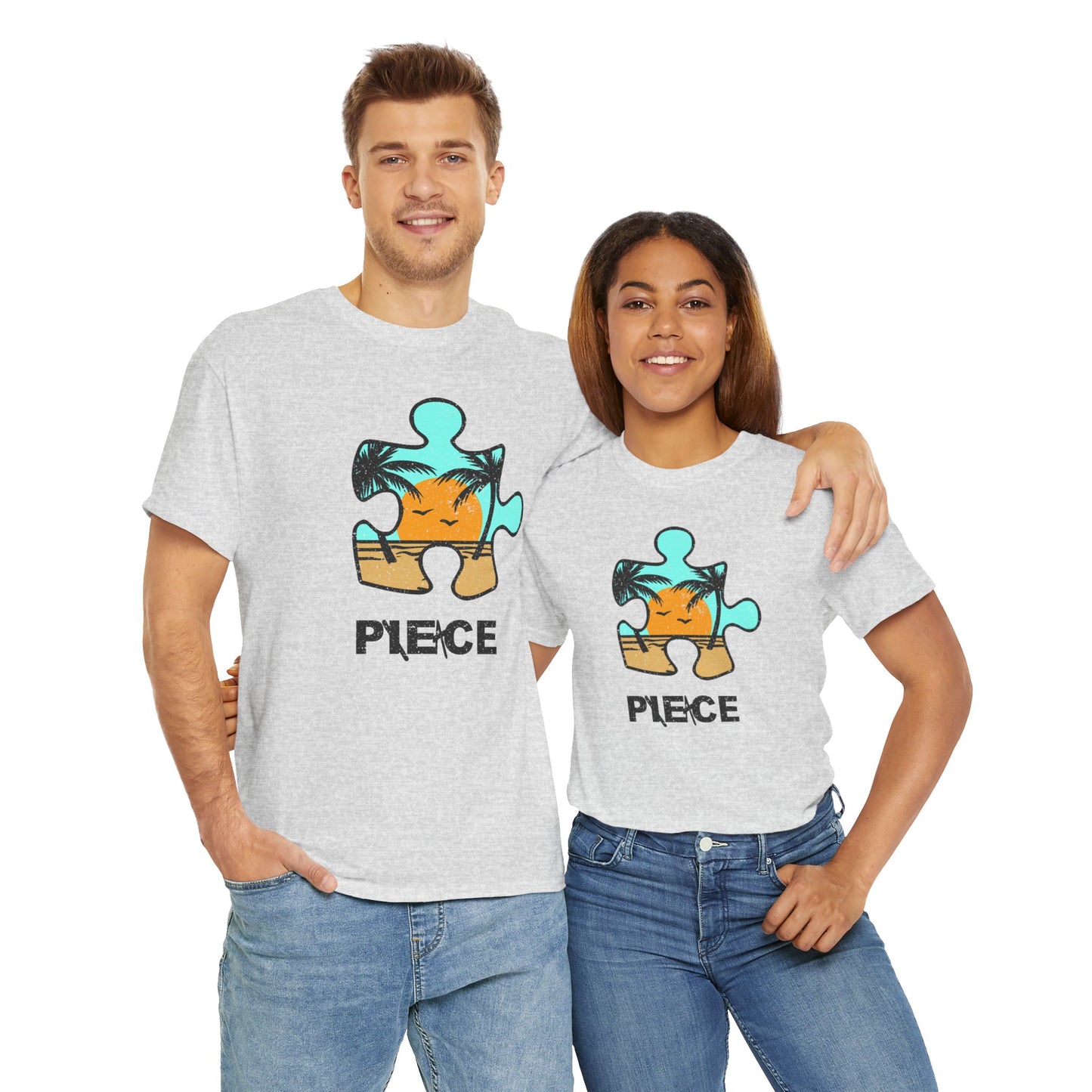 Peace Puzzle Piece T-Shirt – Distressed Beach Graphic Tee – Unisex Heavy Cotton Shirt for Tranquil Vibes