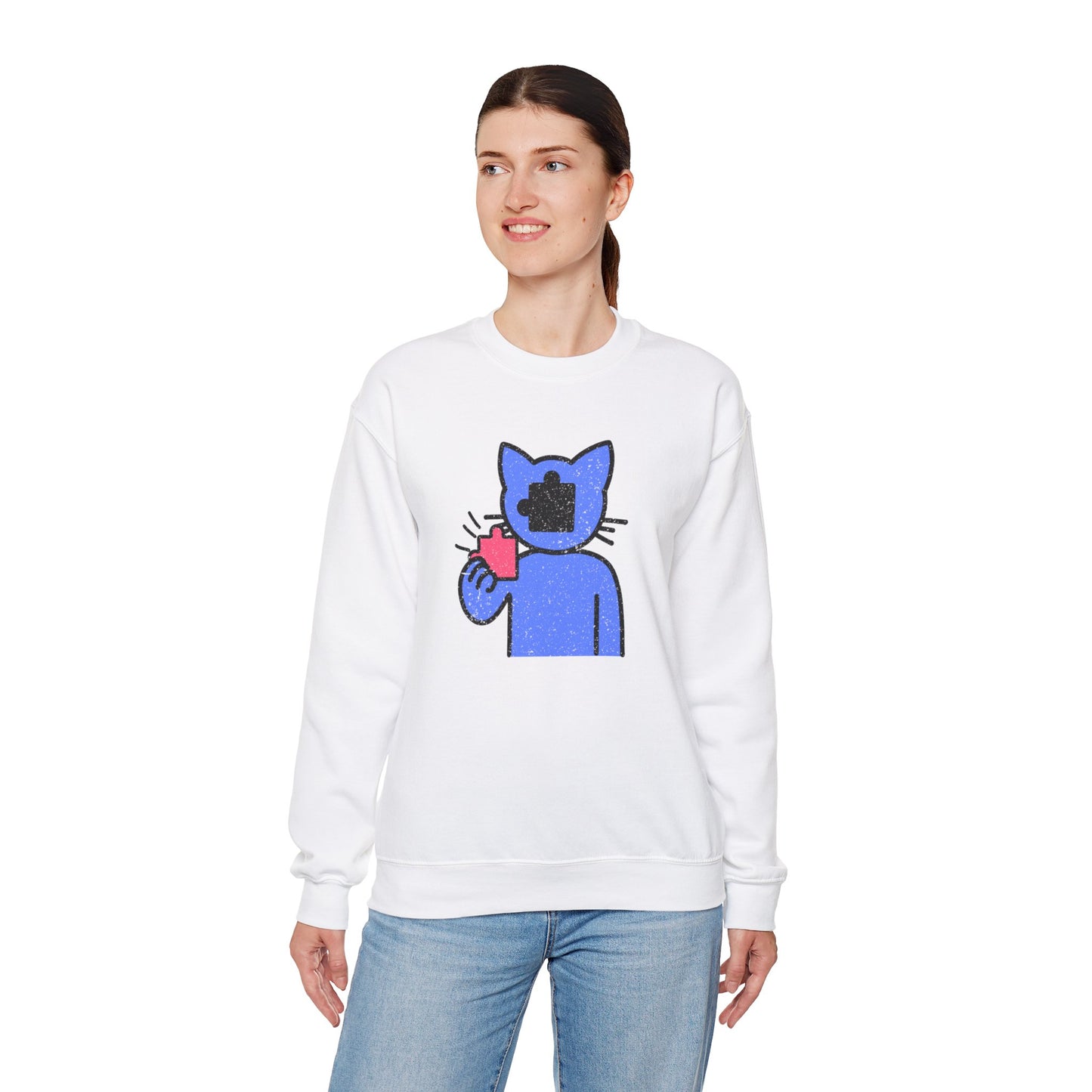 Cat Puzzle Piece Sweatshirt – Distressed Graphic Crewneck – Cozy Unisex Fleece for Life’s Puzzle Lovers