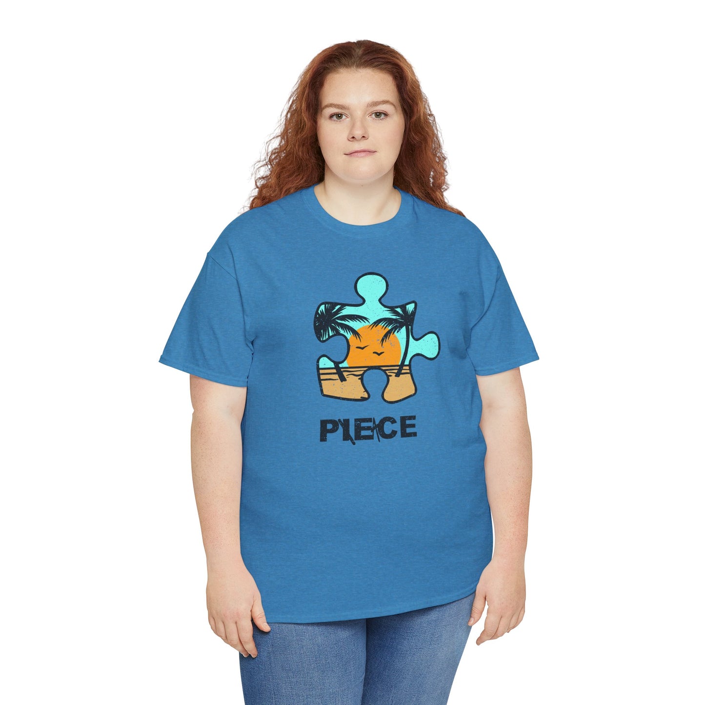 Peace Puzzle Piece T-Shirt – Distressed Beach Graphic Tee – Unisex Heavy Cotton Shirt for Tranquil Vibes