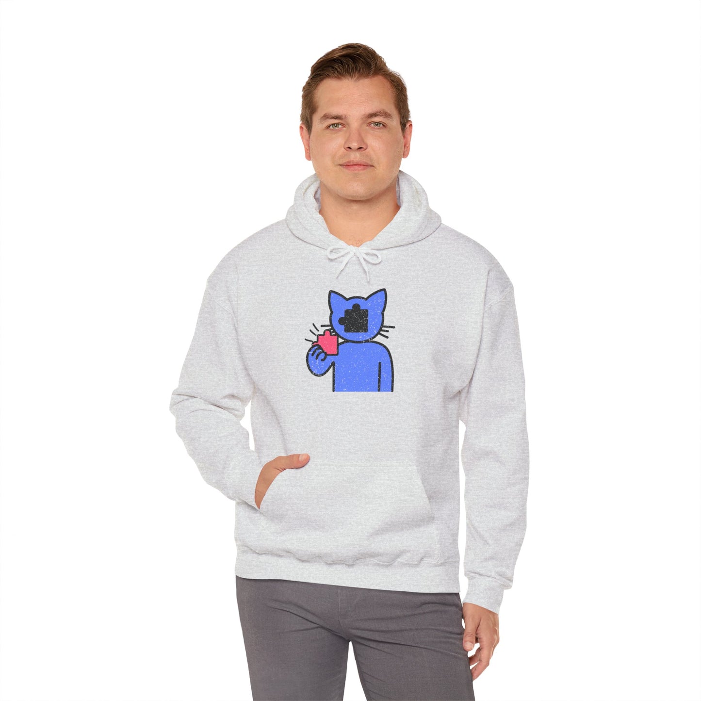 Cat Puzzle Piece Hoodie – Distressed Graphic Pullover – Cozy Unisex Hooded Sweatshirt for Puzzle Lovers