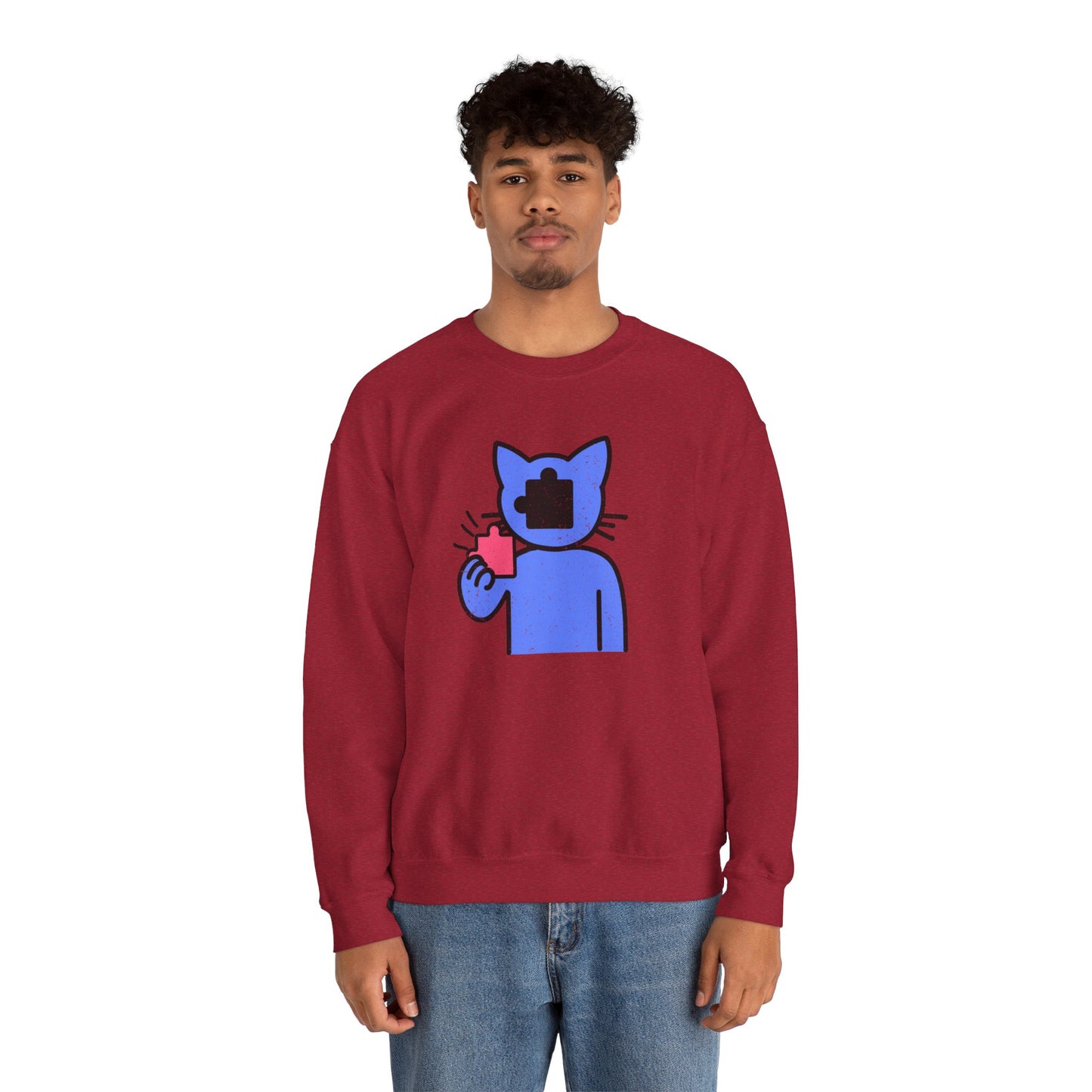 Cat Puzzle Piece Sweatshirt – Distressed Graphic Crewneck – Cozy Unisex Fleece for Life’s Puzzle Lovers