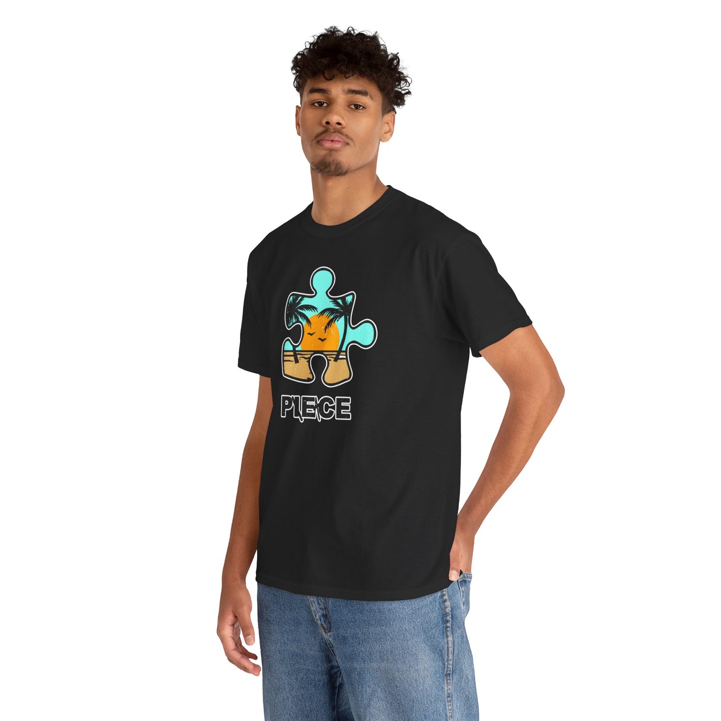 Peace Puzzle Piece T-Shirt – Distressed Beach Graphic Tee – Unisex Heavy Cotton Shirt for Tranquil Vibes