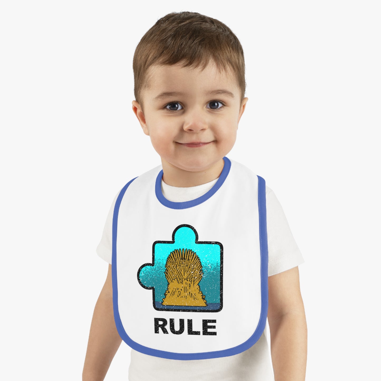 Rule Baby Bib – Puzzle Piece Design with Distressed Look – Soft Contrast Trim Jersey Bib