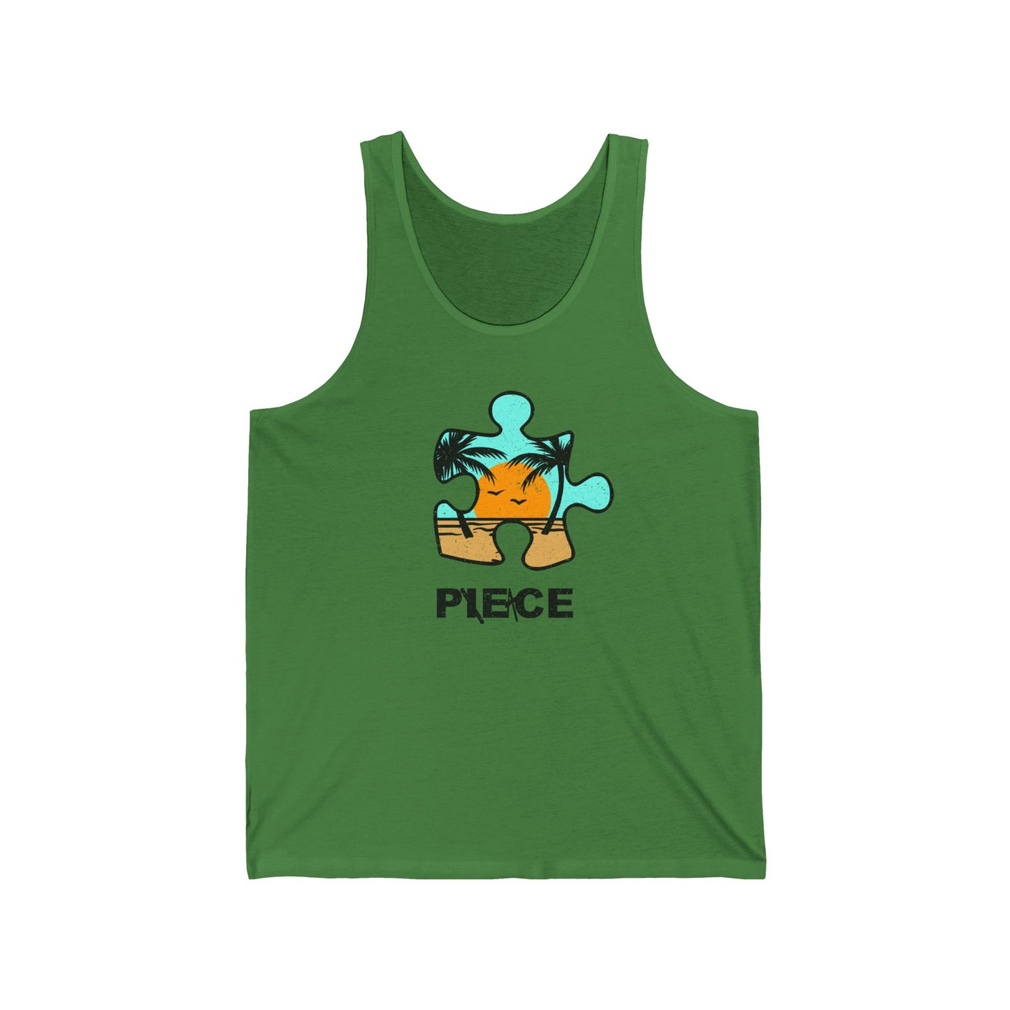 Peace Puzzle Piece Tank Top – Distressed Beach Graphic – Unisex Jersey Tank for Sunny Days and Good Vibes