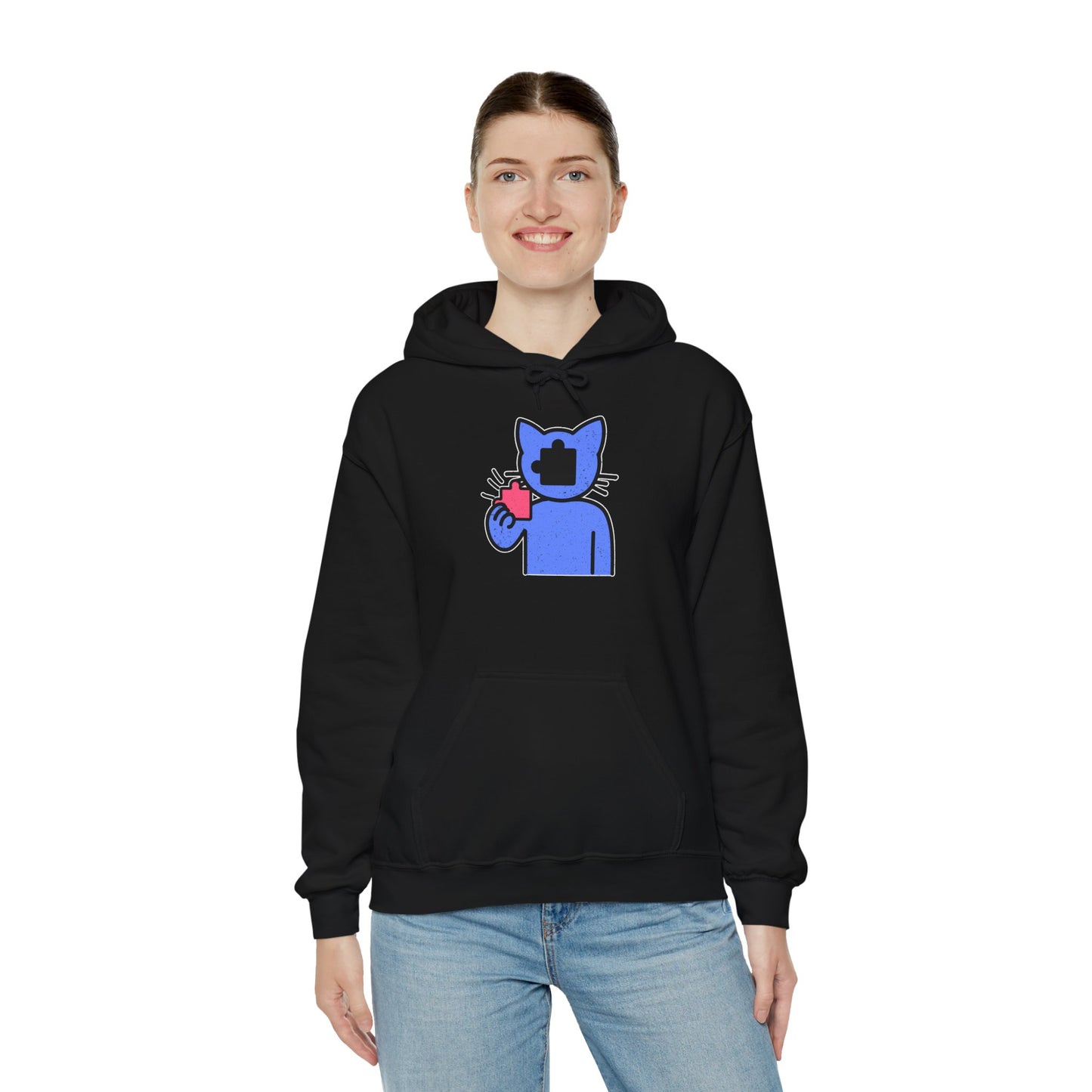 Cat Puzzle Piece Hoodie – Distressed Graphic Pullover – Cozy Unisex Hooded Sweatshirt for Puzzle Lovers