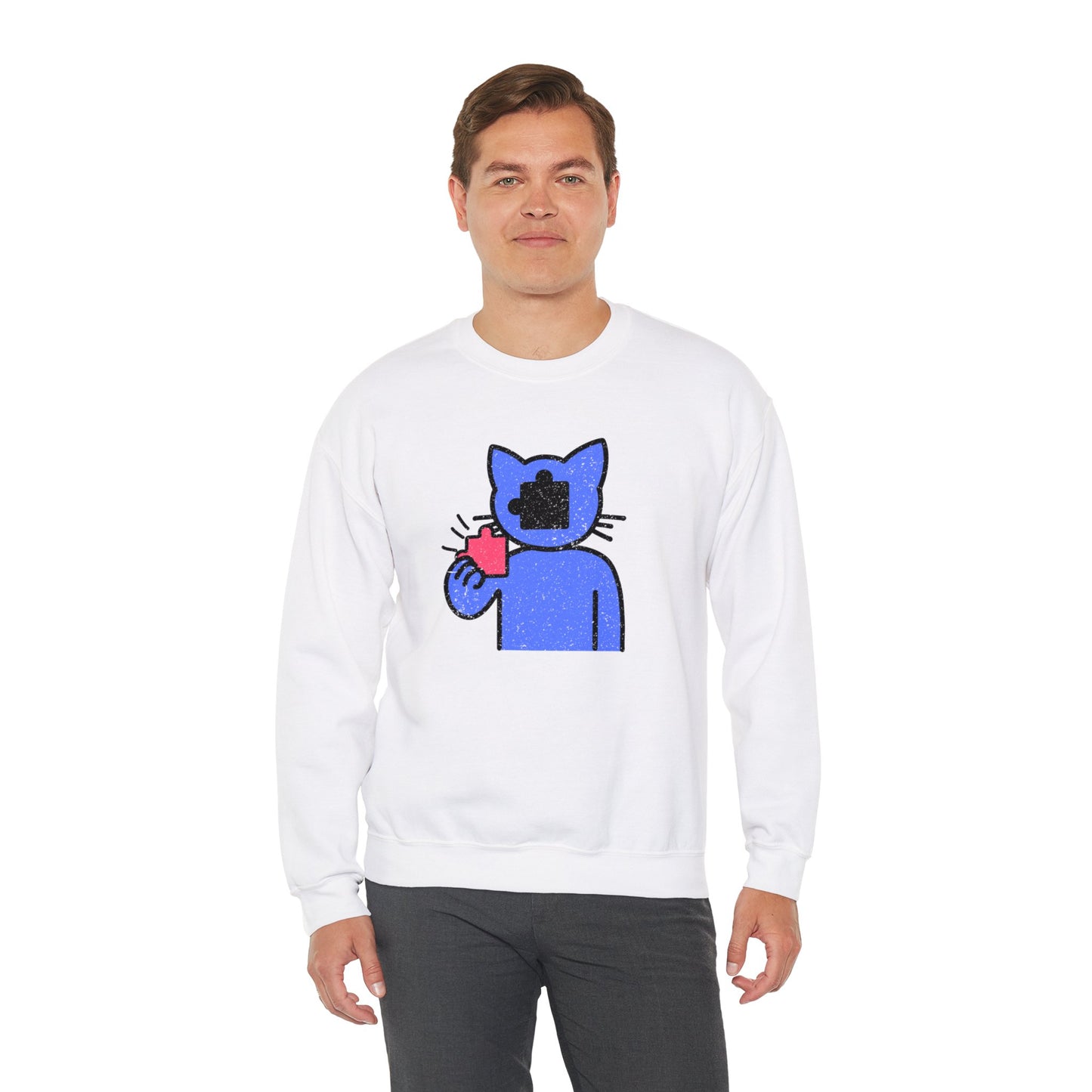 Cat Puzzle Piece Sweatshirt – Distressed Graphic Crewneck – Cozy Unisex Fleece for Life’s Puzzle Lovers