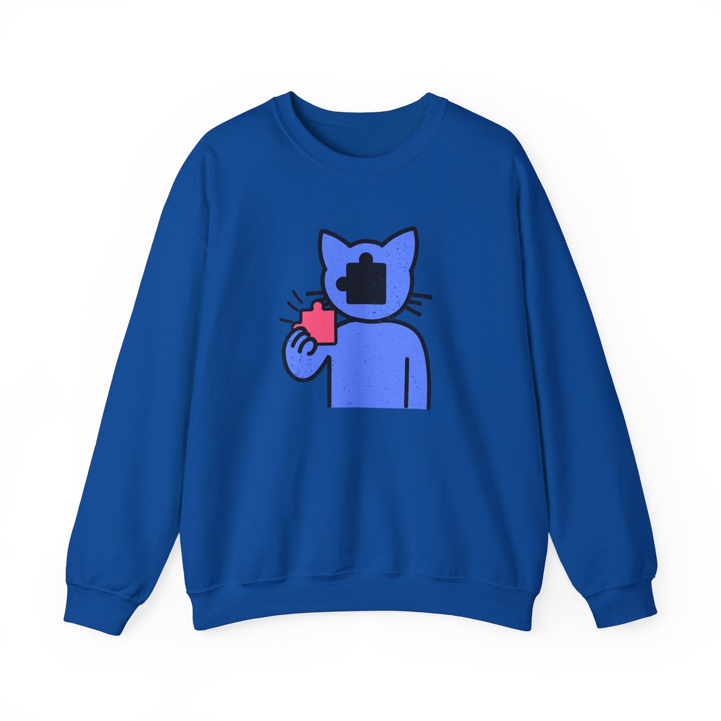 Cat Puzzle Piece Sweatshirt – Distressed Graphic Crewneck – Cozy Unisex Fleece for Life’s Puzzle Lovers