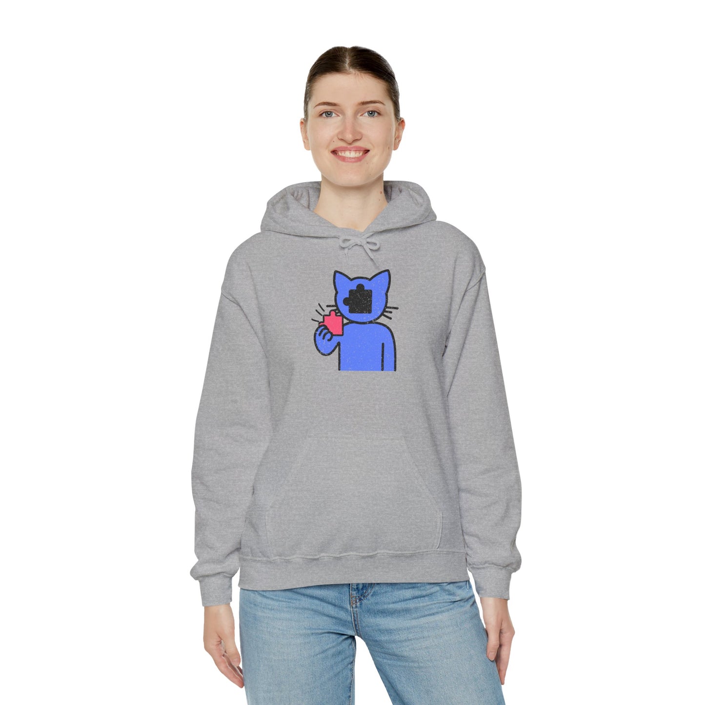 Cat Puzzle Piece Hoodie – Distressed Graphic Pullover – Cozy Unisex Hooded Sweatshirt for Puzzle Lovers