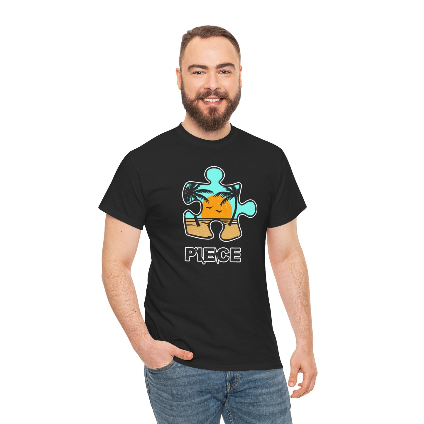 Peace Puzzle Piece T-Shirt – Distressed Beach Graphic Tee – Unisex Heavy Cotton Shirt for Tranquil Vibes
