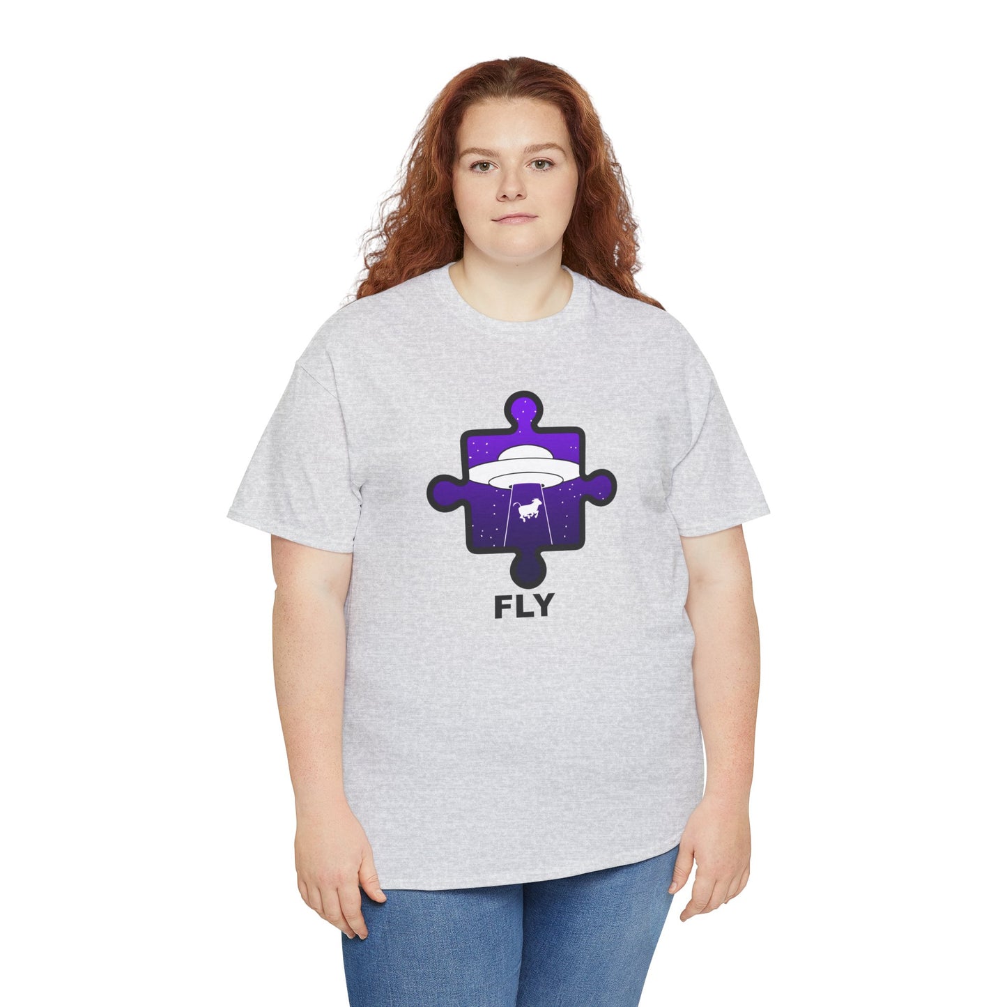 UFO Cow Abduction Puzzle Piece T-Shirt – ‘Fly’ Graphic Tee – Non-Distressed Design