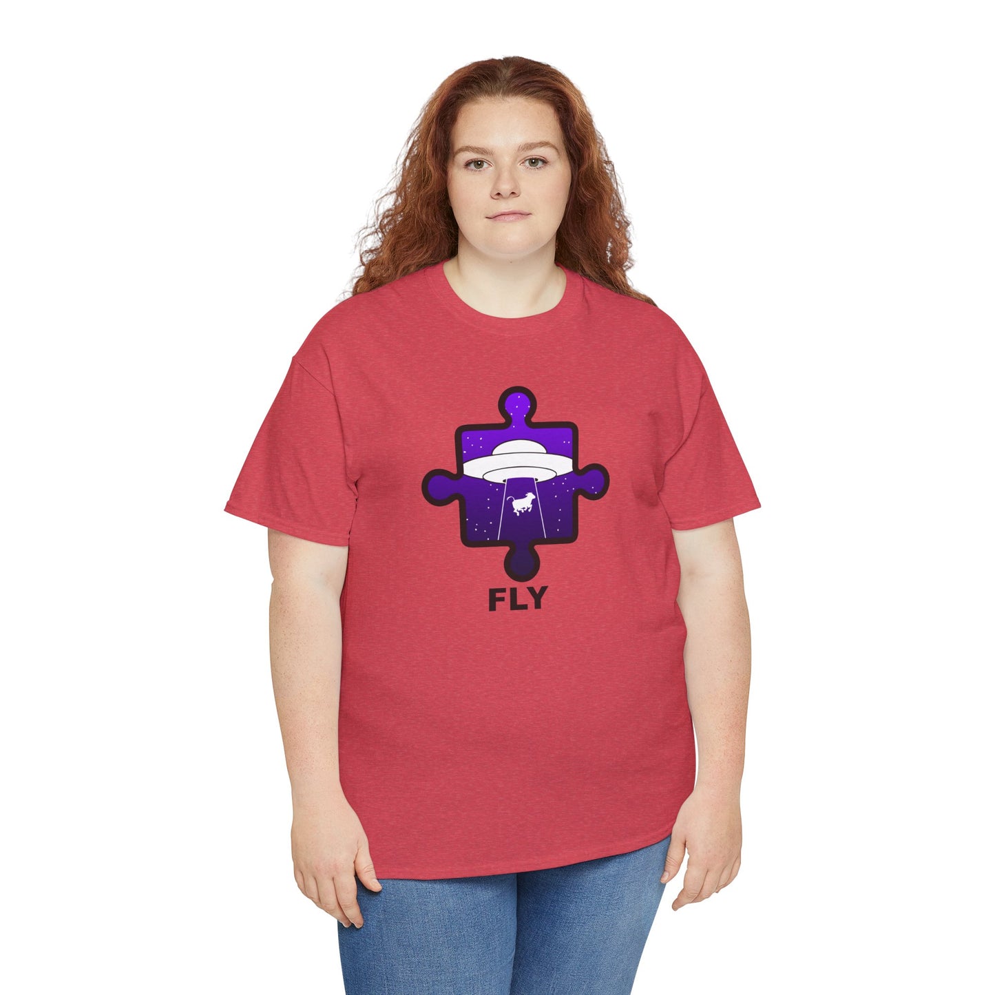 UFO Cow Abduction Puzzle Piece T-Shirt – ‘Fly’ Graphic Tee – Non-Distressed Design