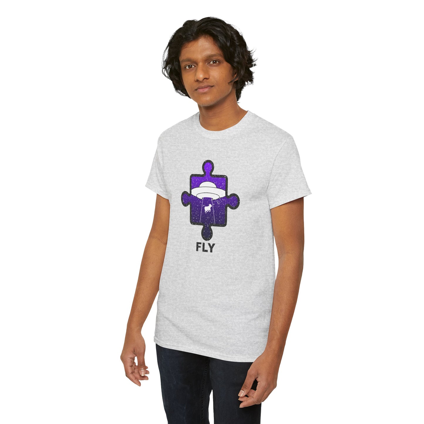 UFO Cow Abduction T-Shirt – ‘Fly’ Puzzle Piece Graphic Tee – Unisex Heavy Cotton Shirt Distressed Design