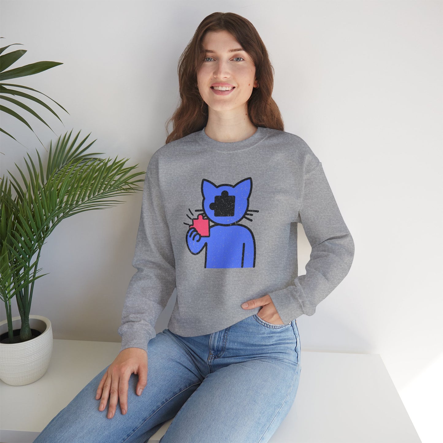 Cat Puzzle Piece Sweatshirt – Distressed Graphic Crewneck – Cozy Unisex Fleece for Life’s Puzzle Lovers