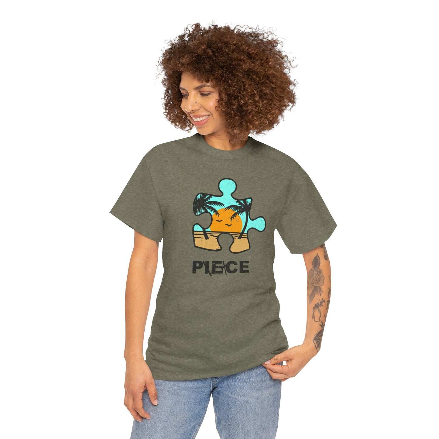 Peace Puzzle Piece T-Shirt – Distressed Beach Graphic Tee – Unisex Heavy Cotton Shirt for Tranquil Vibes