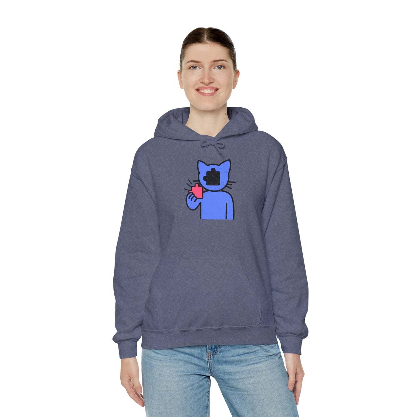 Cat Puzzle Piece Hoodie – Distressed Graphic Pullover – Cozy Unisex Hooded Sweatshirt for Puzzle Lovers