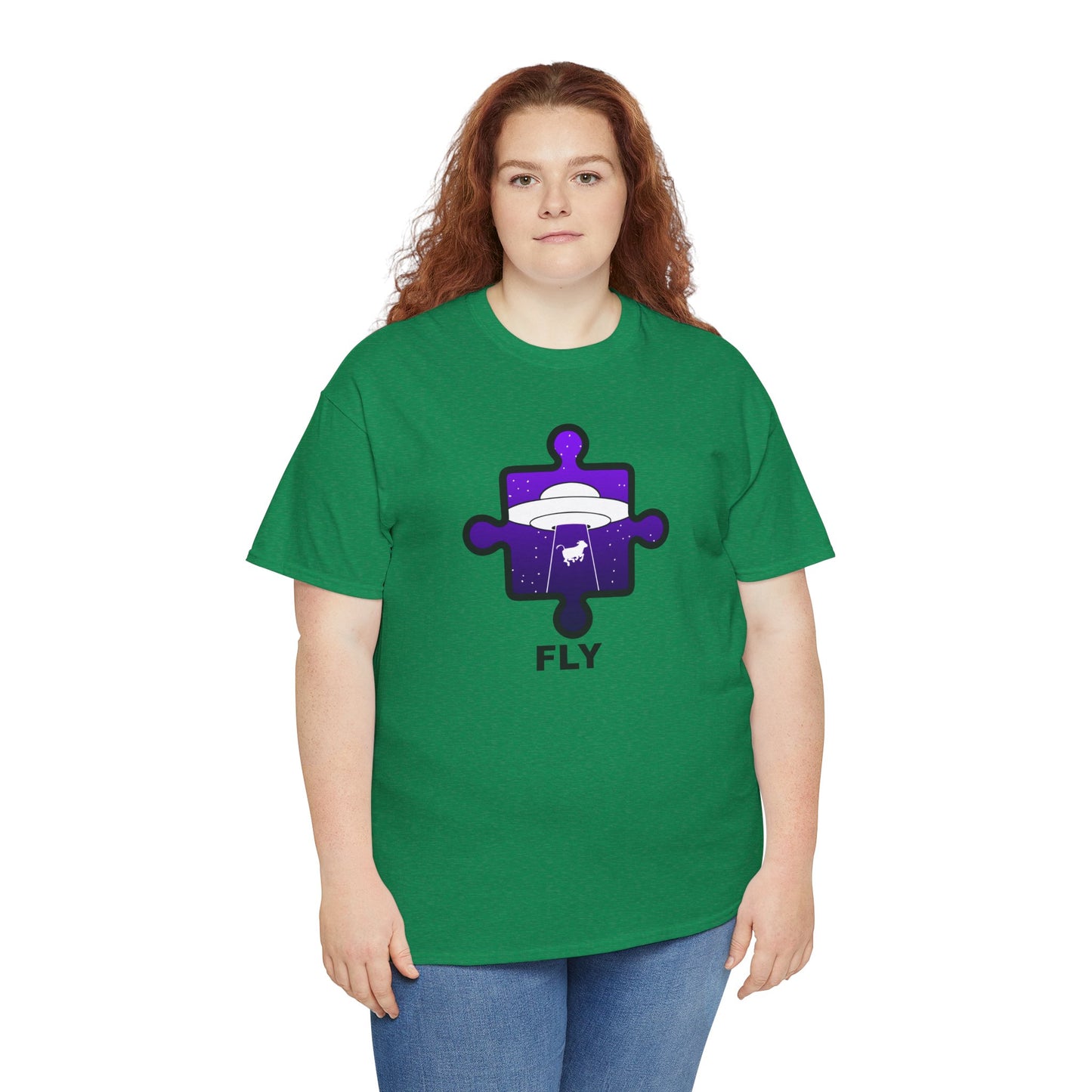 UFO Cow Abduction Puzzle Piece T-Shirt – ‘Fly’ Graphic Tee – Non-Distressed Design