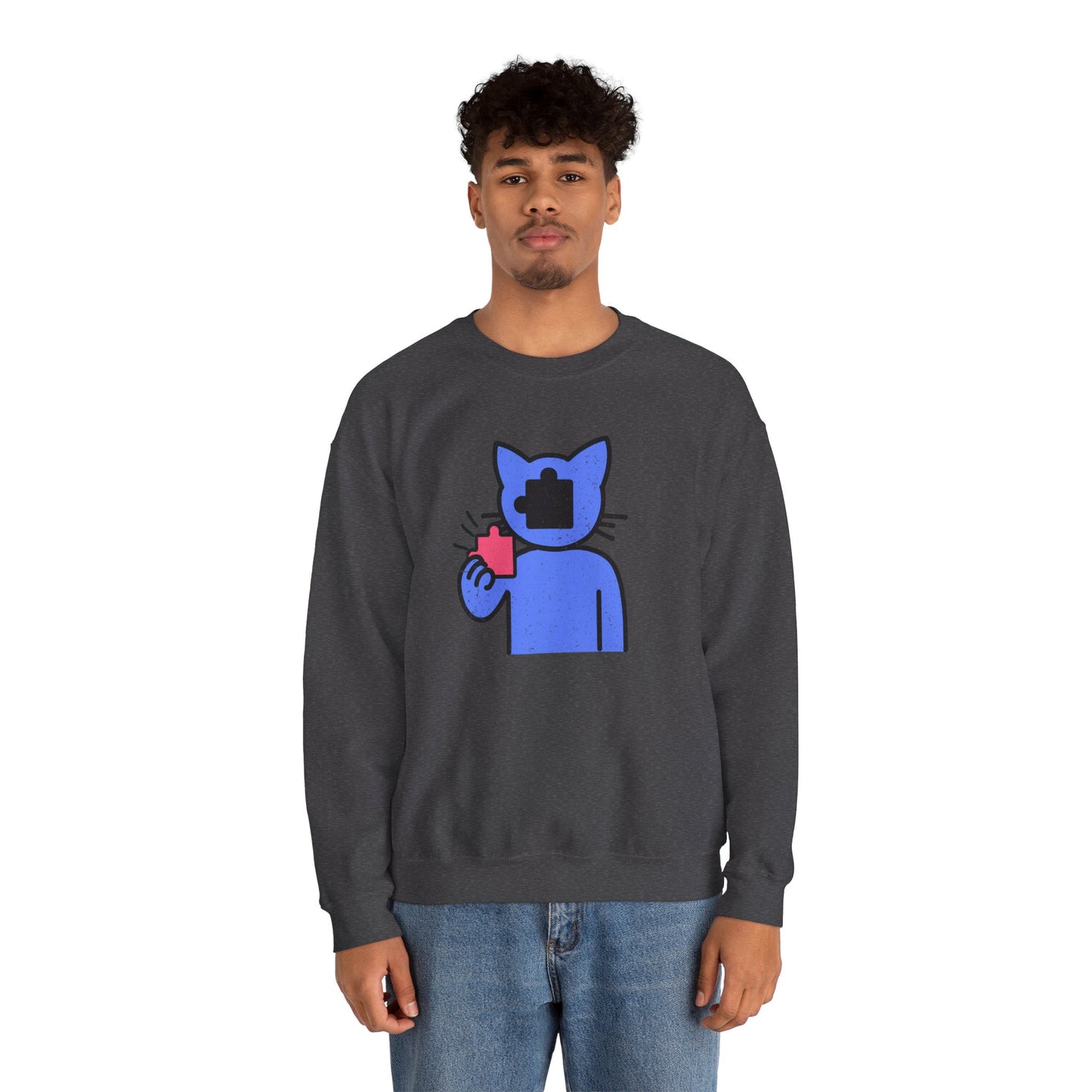 Cat Puzzle Piece Sweatshirt – Distressed Graphic Crewneck – Cozy Unisex Fleece for Life’s Puzzle Lovers