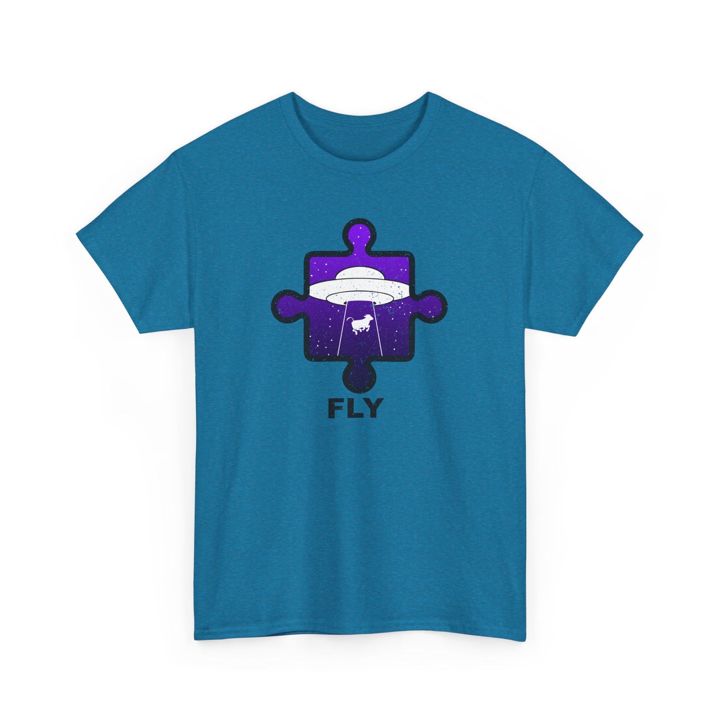 UFO Cow Abduction T-Shirt – ‘Fly’ Puzzle Piece Graphic Tee – Unisex Heavy Cotton Shirt Distressed Design