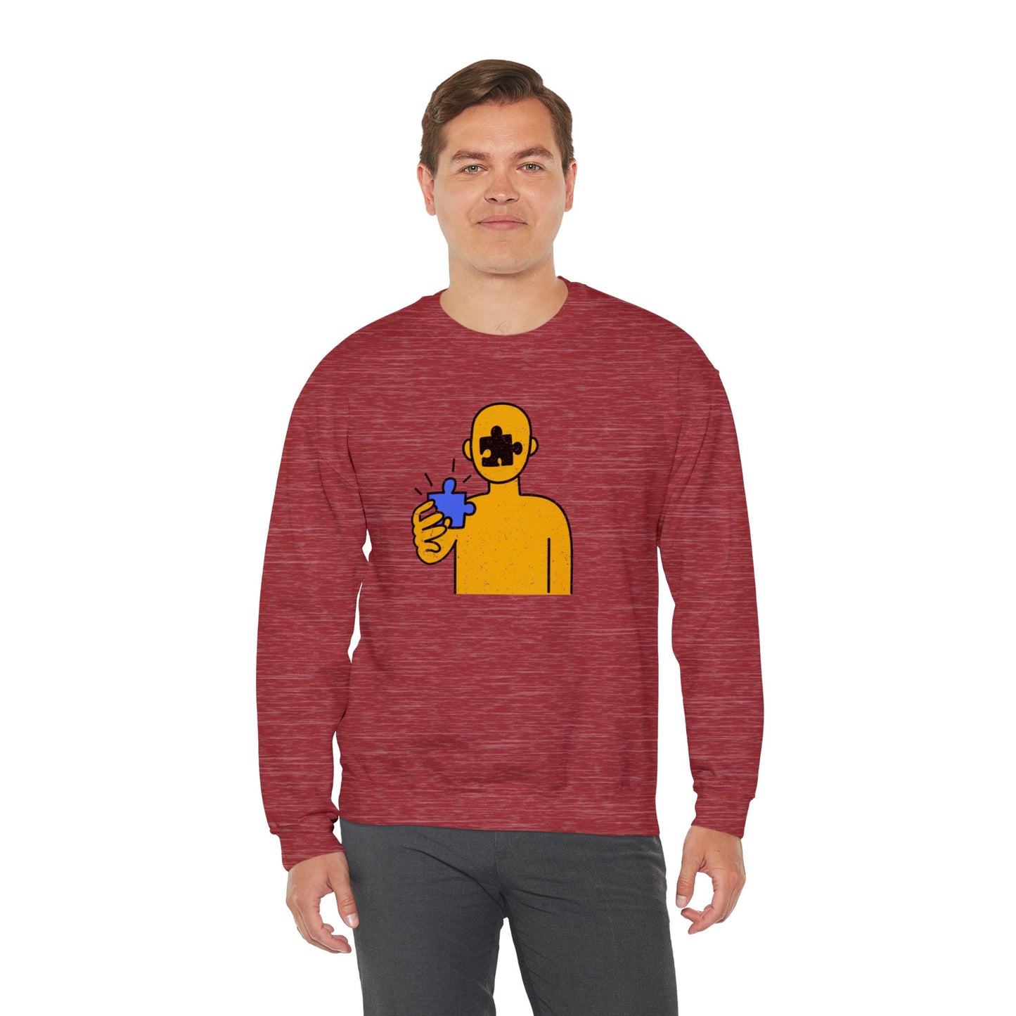 Distressed Crewneck Sweatshirt – Thoughtful Puzzle Piece Design with Human Theme