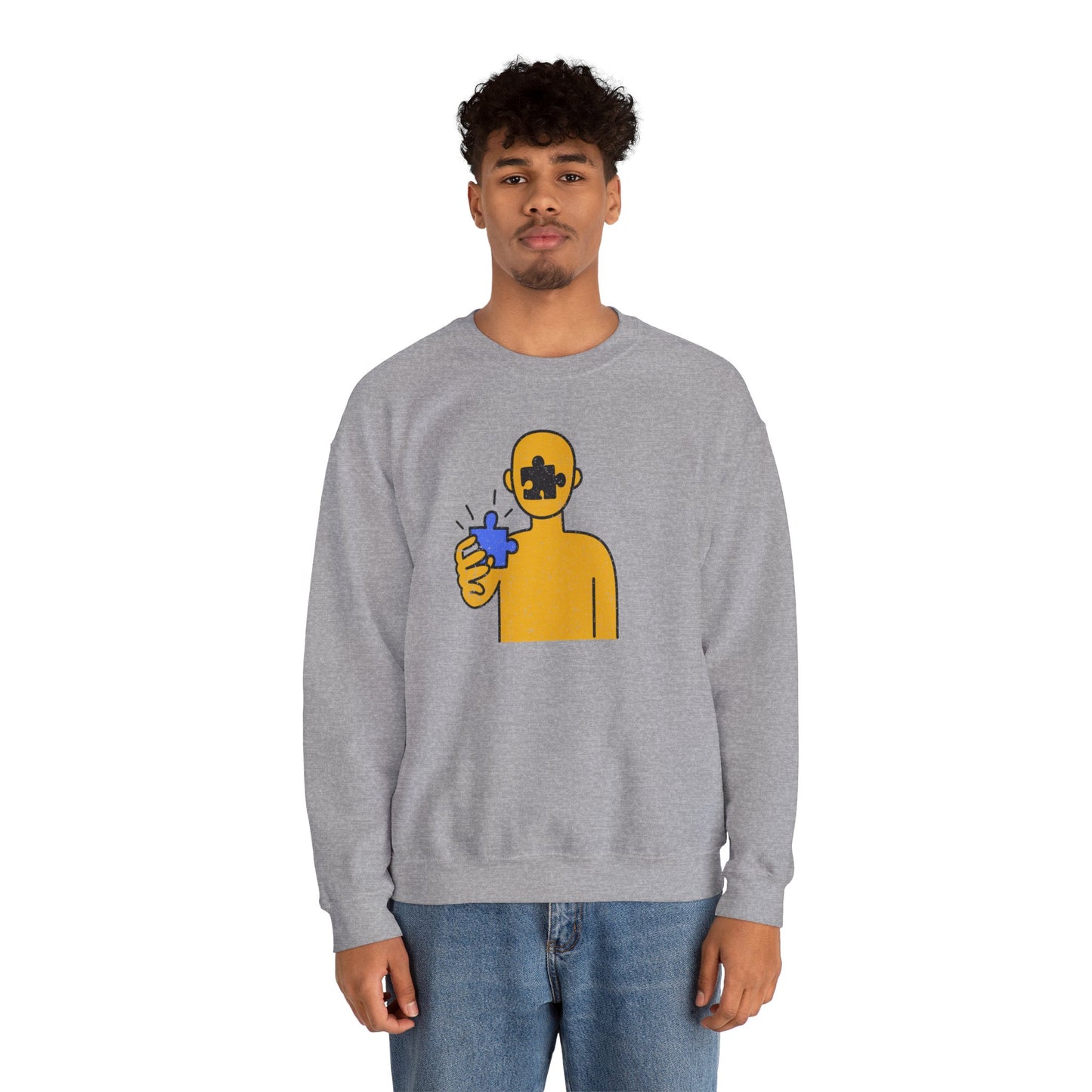 Distressed Crewneck Sweatshirt – Thoughtful Puzzle Piece Design with Human Theme