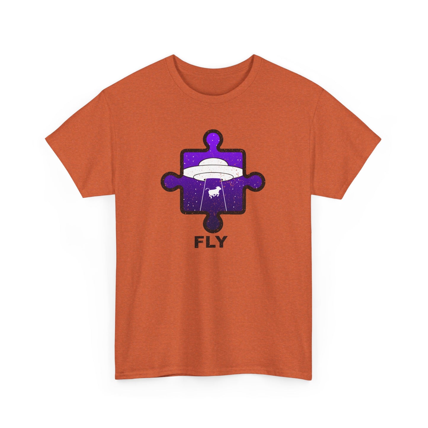 UFO Cow Abduction T-Shirt – ‘Fly’ Puzzle Piece Graphic Tee – Unisex Heavy Cotton Shirt Distressed Design