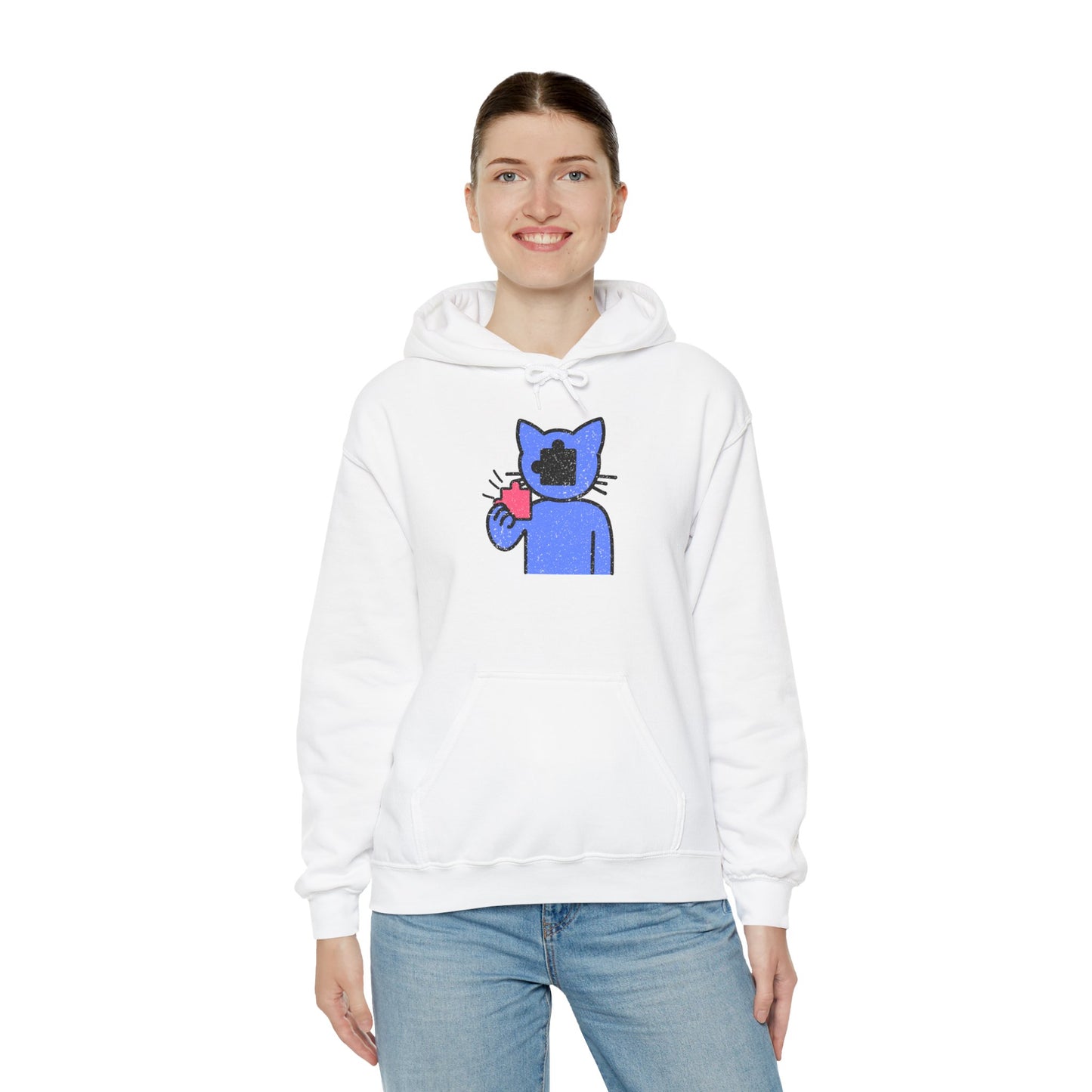 Cat Puzzle Piece Hoodie – Distressed Graphic Pullover – Cozy Unisex Hooded Sweatshirt for Puzzle Lovers
