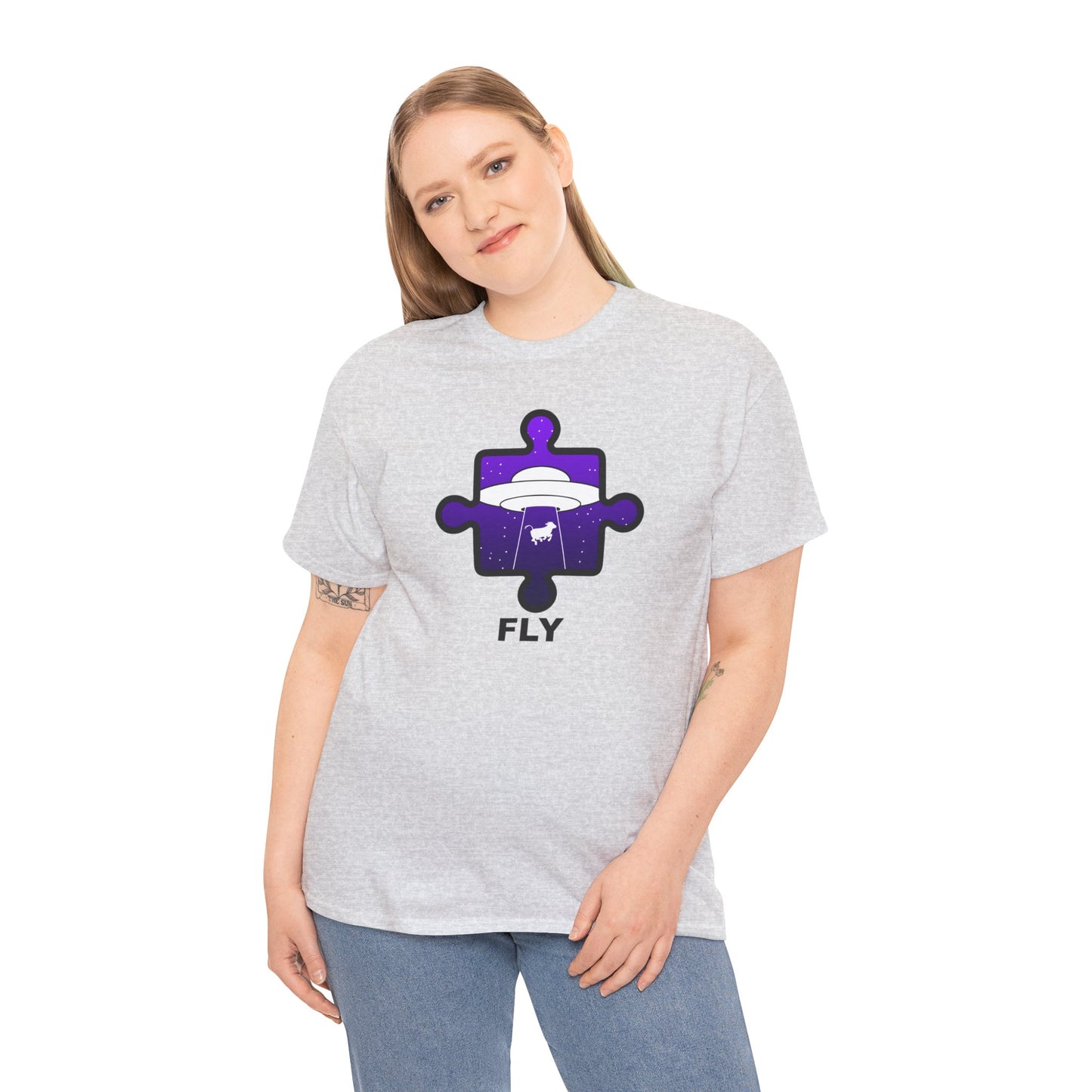 UFO Cow Abduction Puzzle Piece T-Shirt – ‘Fly’ Graphic Tee – Non-Distressed Design