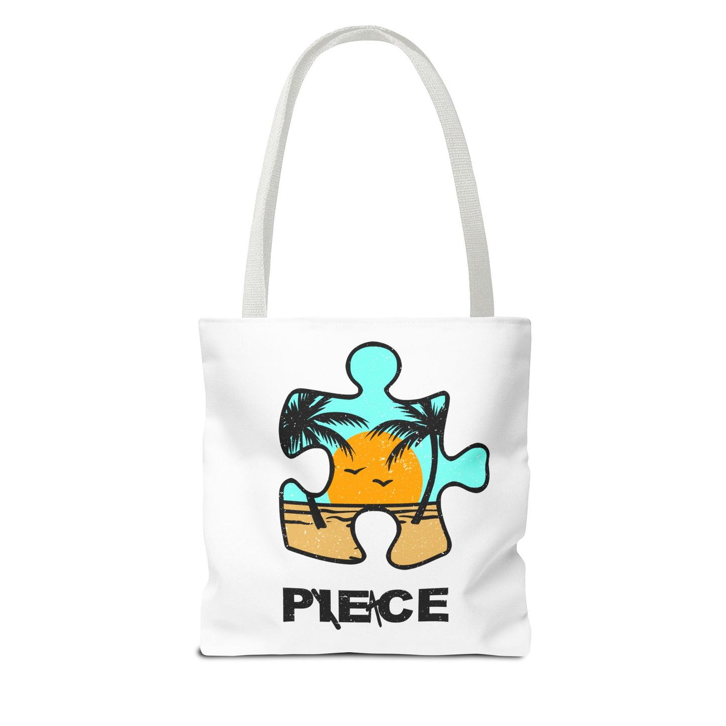 Distressed Tote Bag – Person & Beach Puzzle Piece Design with ‘Peace’ Theme