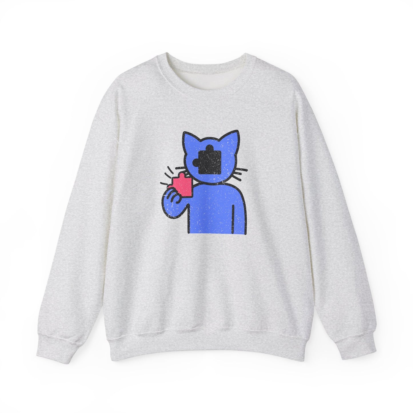Cat Puzzle Piece Sweatshirt – Distressed Graphic Crewneck – Cozy Unisex Fleece for Life’s Puzzle Lovers