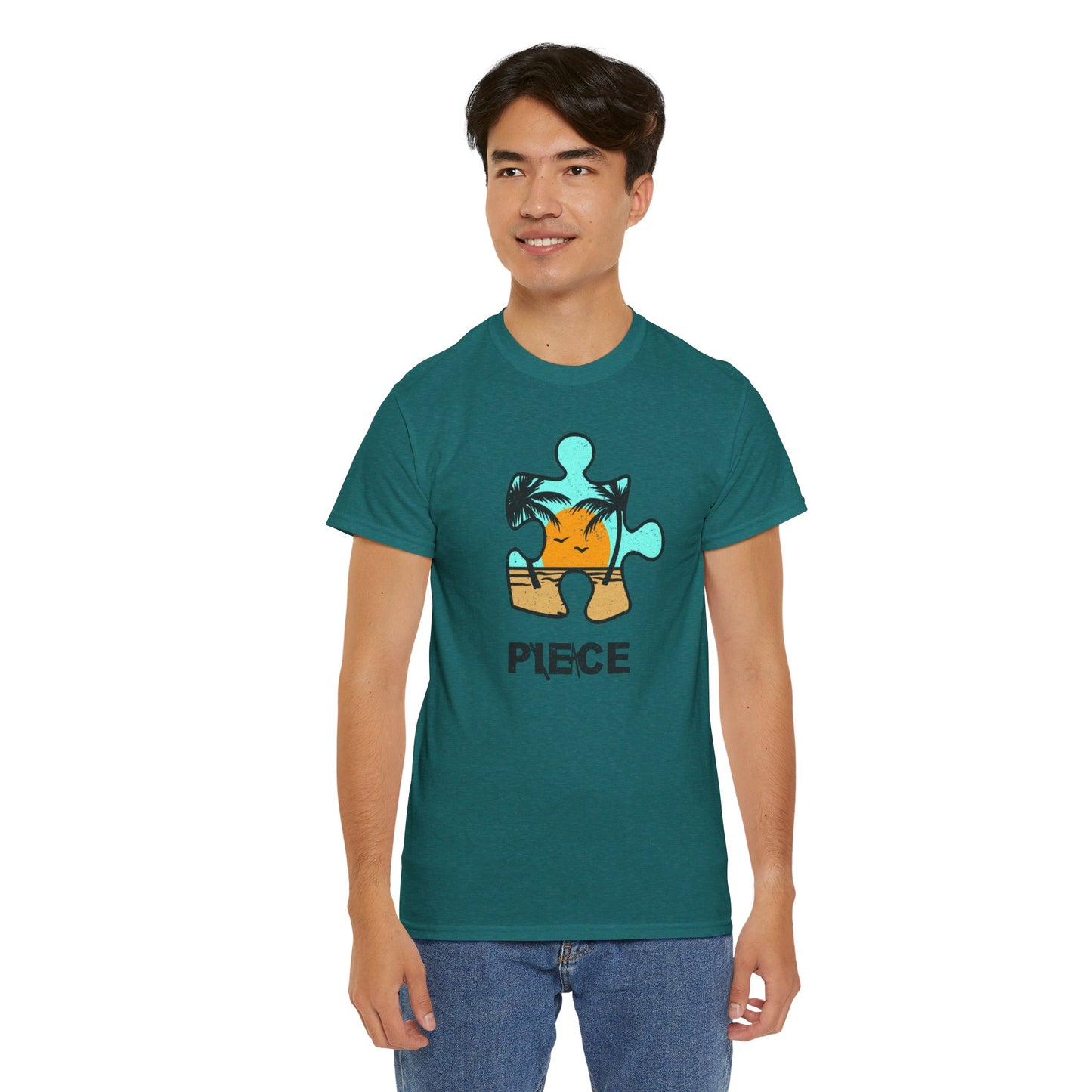 Peace Puzzle Piece T-Shirt – Distressed Beach Graphic Tee – Unisex Heavy Cotton Shirt for Tranquil Vibes