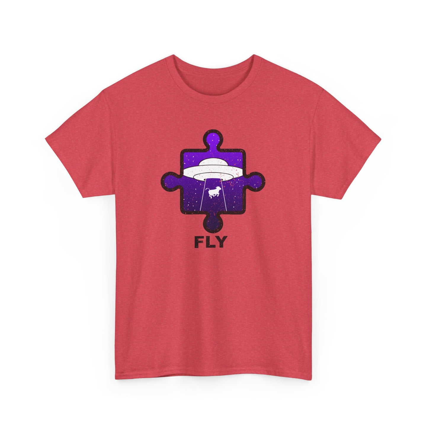 UFO Cow Abduction T-Shirt – ‘Fly’ Puzzle Piece Graphic Tee – Unisex Heavy Cotton Shirt Distressed Design