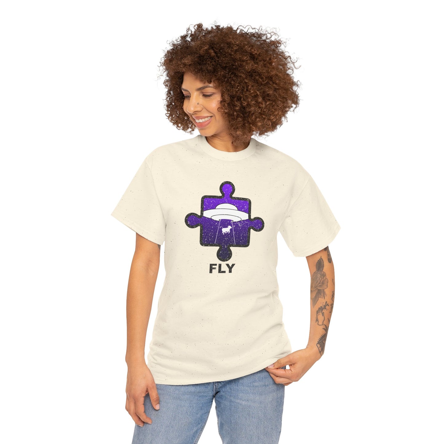 UFO Cow Abduction T-Shirt – ‘Fly’ Puzzle Piece Graphic Tee – Unisex Heavy Cotton Shirt Distressed Design