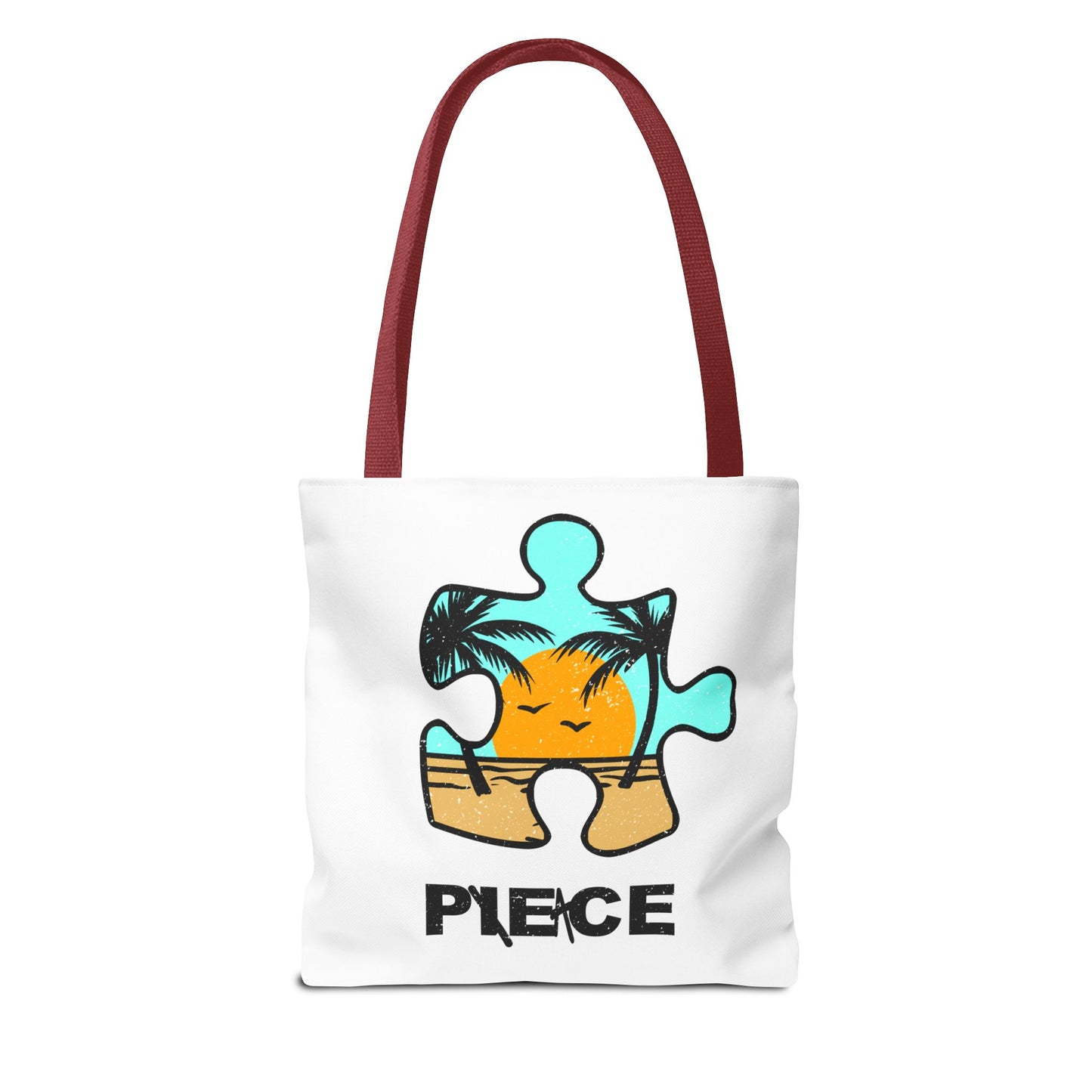 Distressed Tote Bag – Person & Beach Puzzle Piece Design with ‘Peace’ Theme