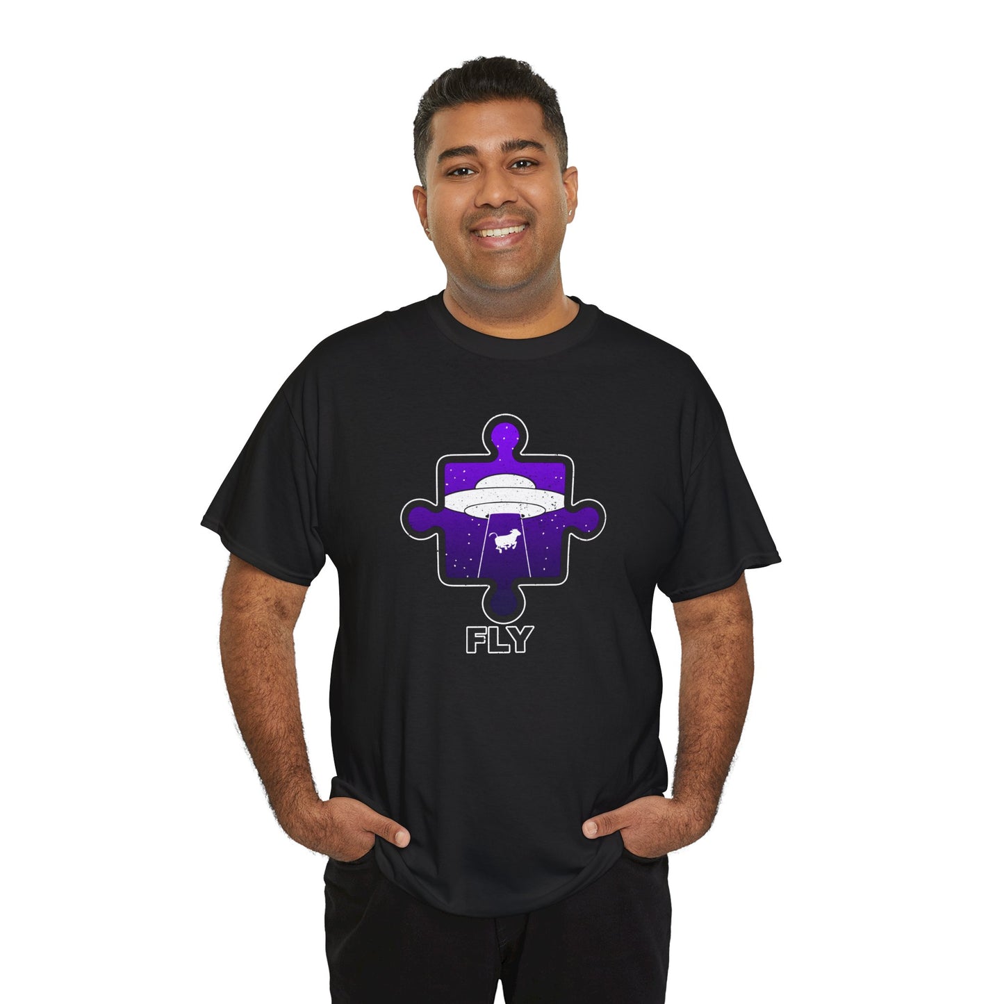 UFO Cow Abduction T-Shirt – ‘Fly’ Puzzle Piece Graphic Tee – Unisex Heavy Cotton Shirt Distressed Design