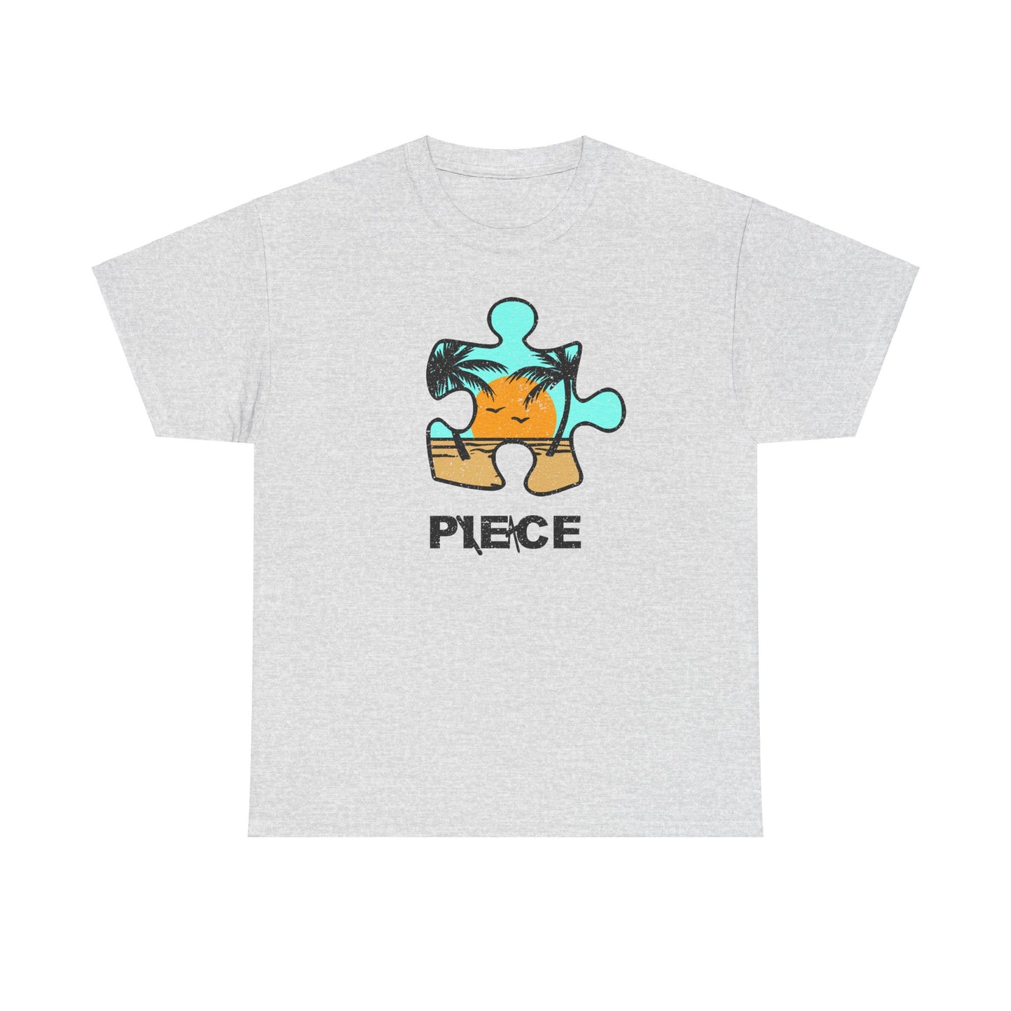 Peace Puzzle Piece T-Shirt – Distressed Beach Graphic Tee – Unisex Heavy Cotton Shirt for Tranquil Vibes