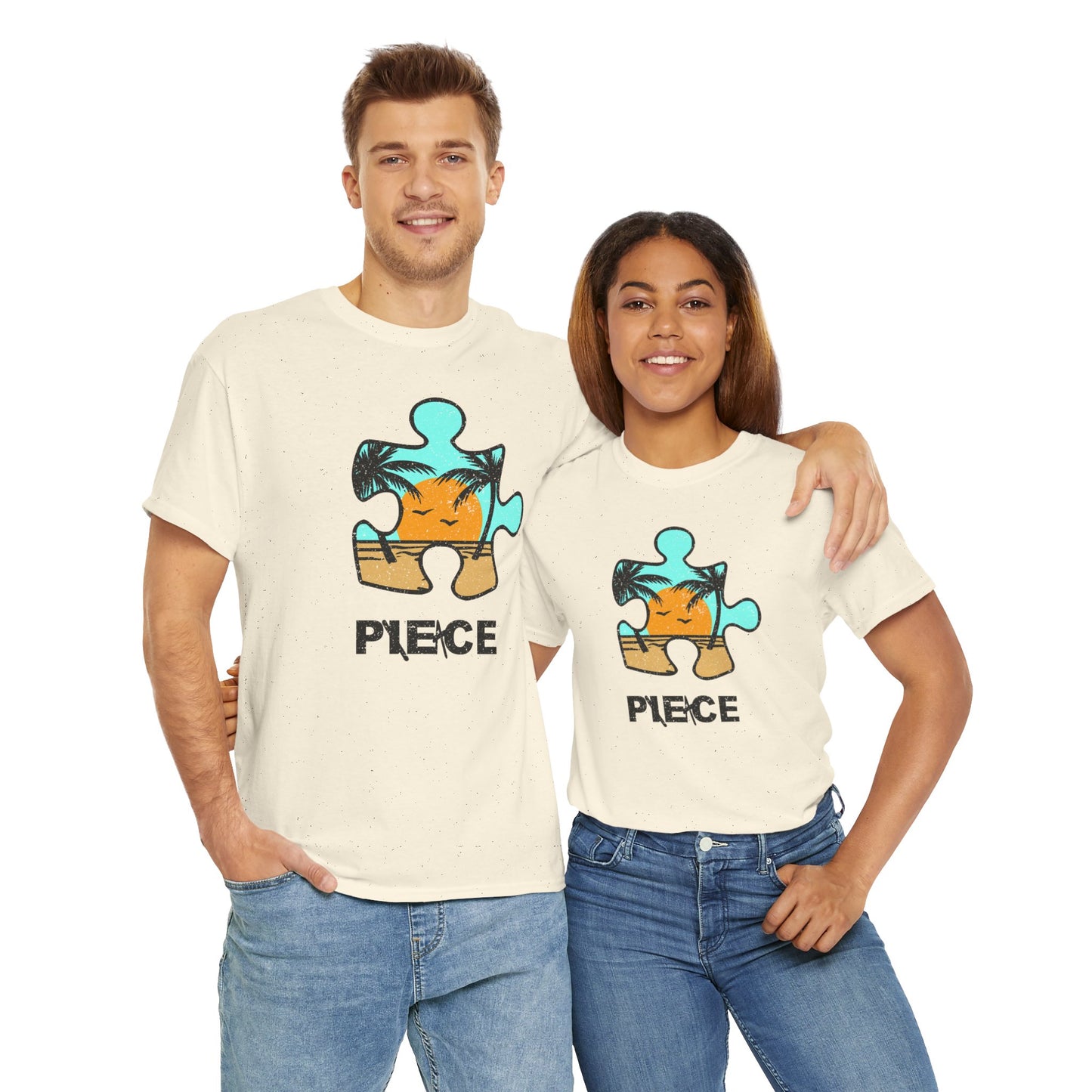 Peace Puzzle Piece T-Shirt – Distressed Beach Graphic Tee – Unisex Heavy Cotton Shirt for Tranquil Vibes