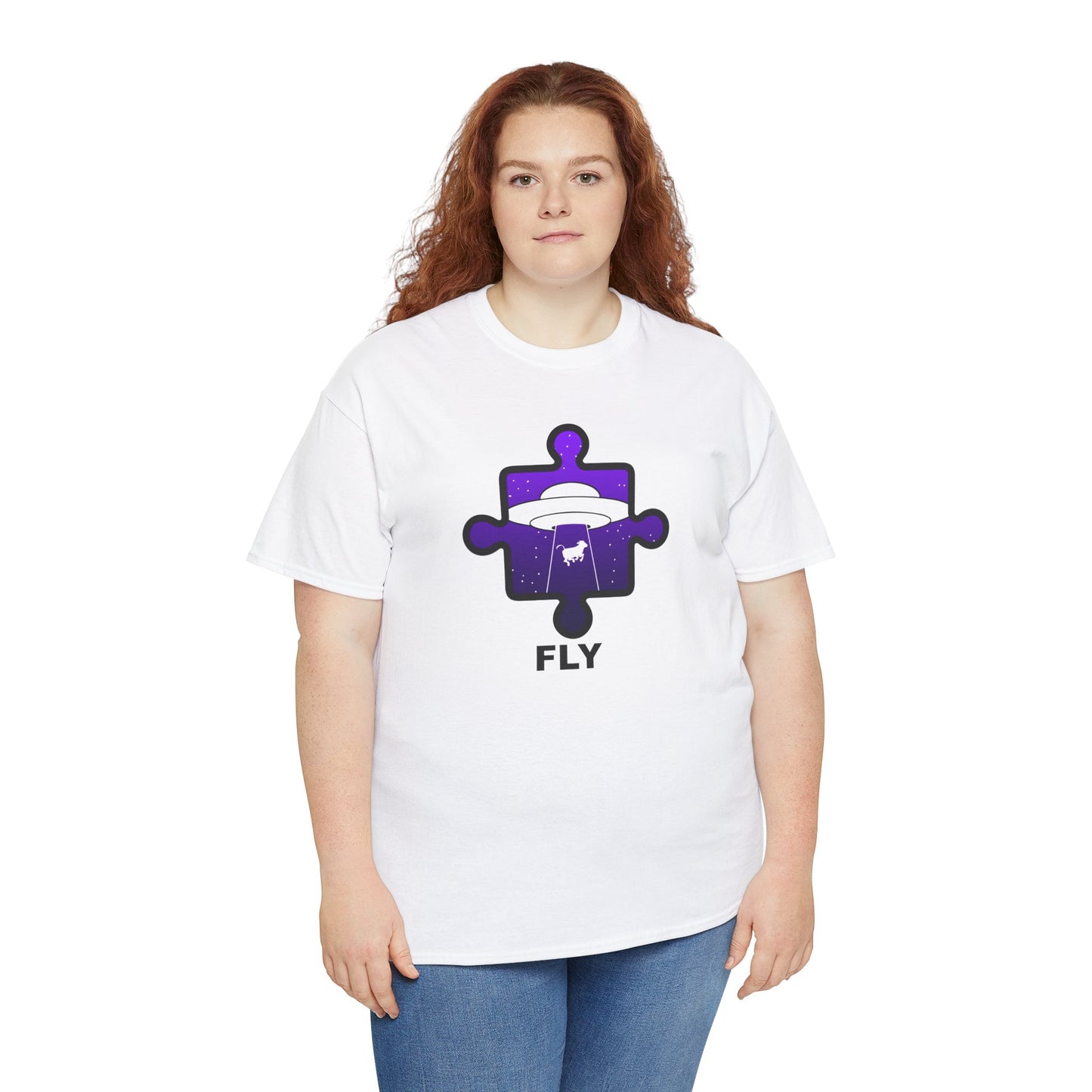 UFO Cow Abduction Puzzle Piece T-Shirt – ‘Fly’ Graphic Tee – Non-Distressed Design