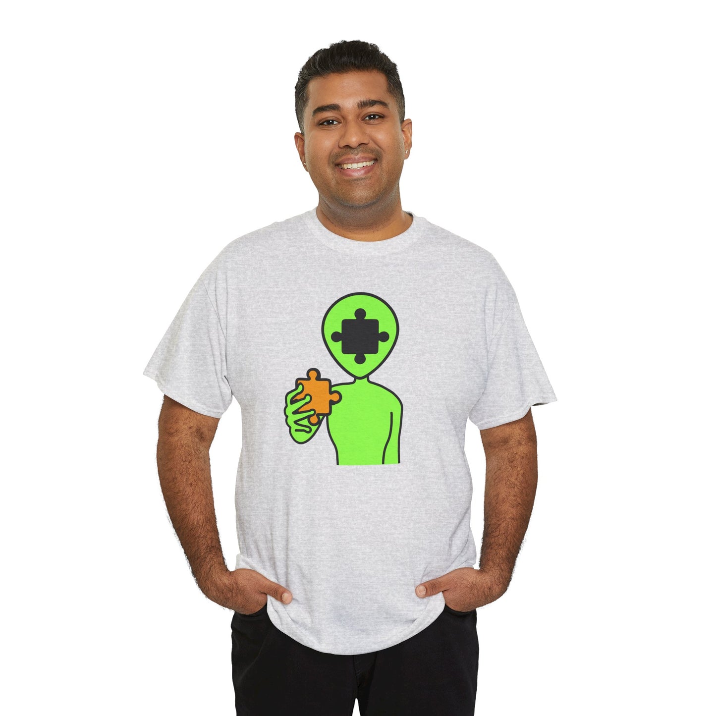 Alien Puzzle Piece T-Shirt – Clean Cosmic Design – Unisex Heavy Cotton Shirt for Life’s Mysteries