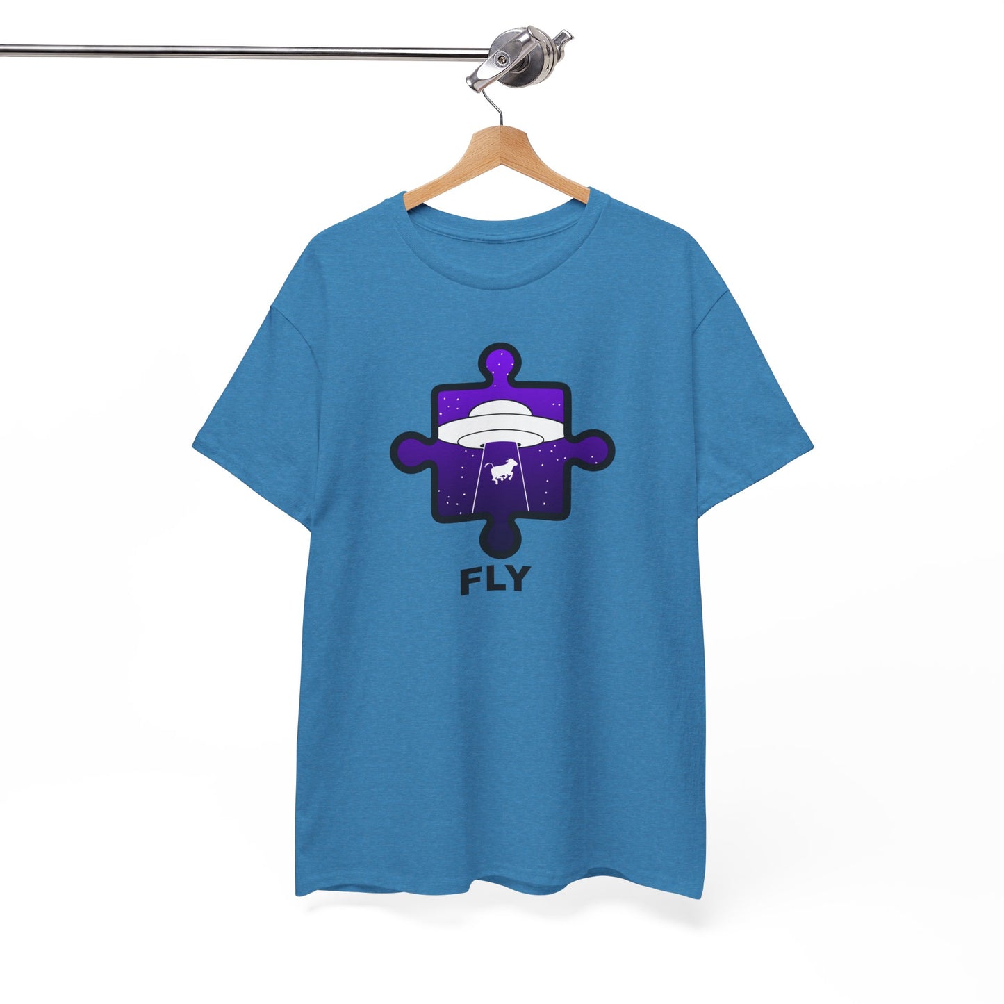 UFO Cow Abduction Puzzle Piece T-Shirt – ‘Fly’ Graphic Tee – Non-Distressed Design